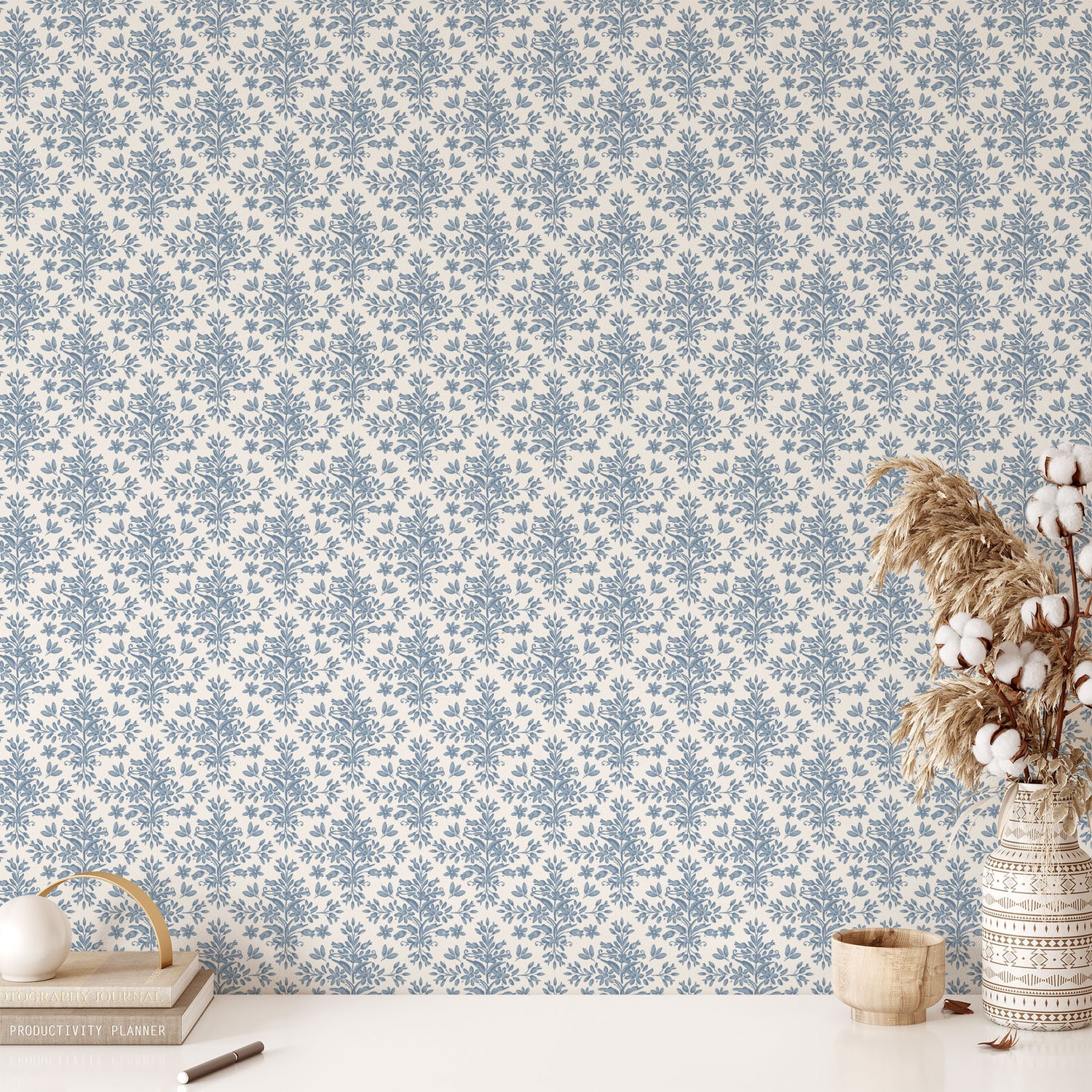 Rustic Lacy Wallpaper in Light Blue shown in a study room