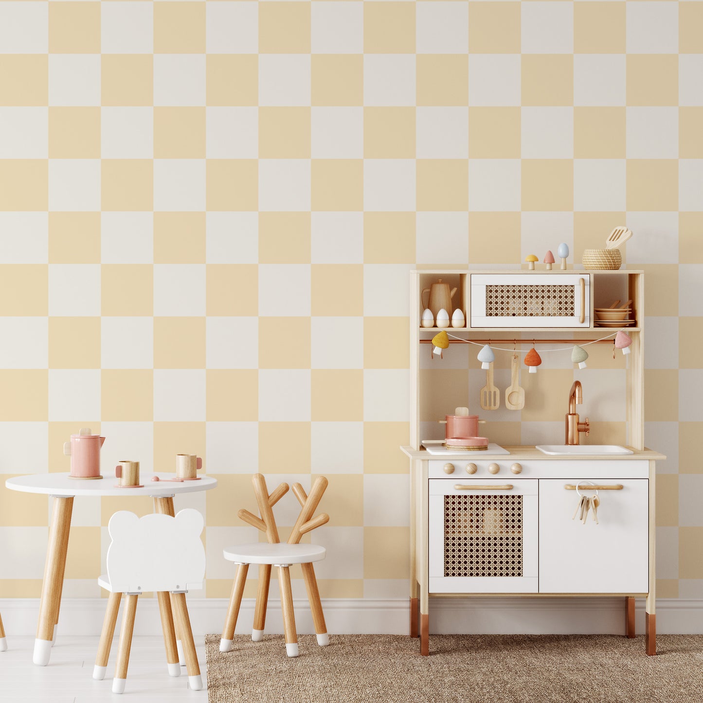 Classic Check Wallpaper in Baby Yellow shown in a playroom