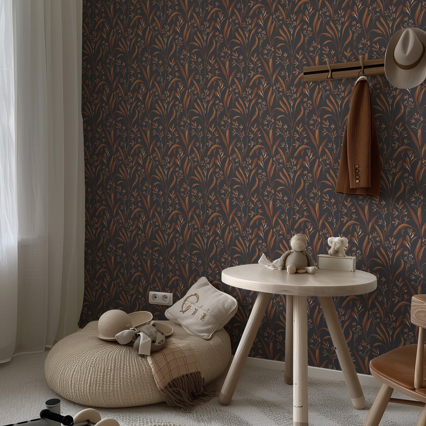 Vintage Grass Wallpaper in Charcoal Brown shown in a bedroom
