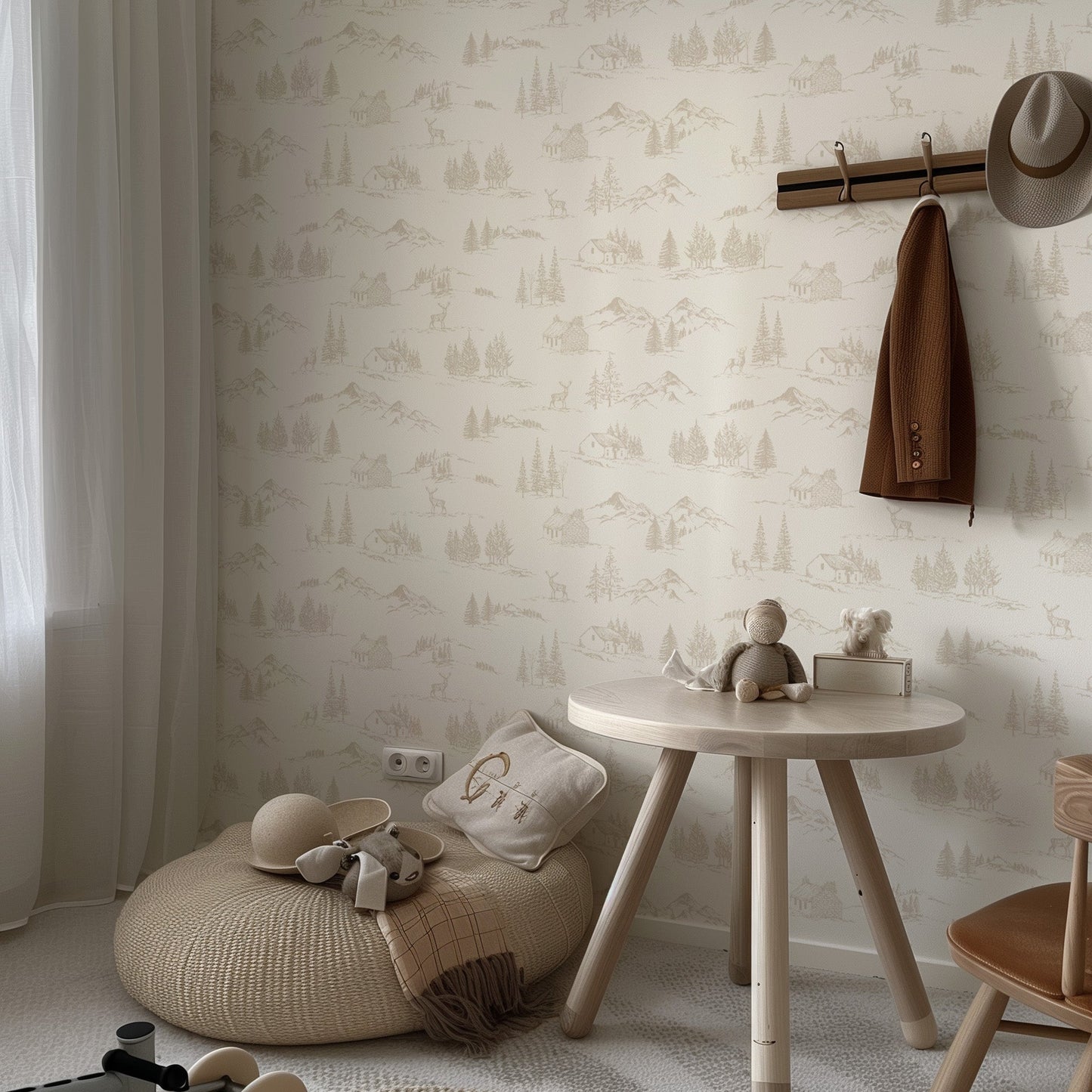 Winter Valley Toile Wallpaper in Natural Linen shown in a bedroom