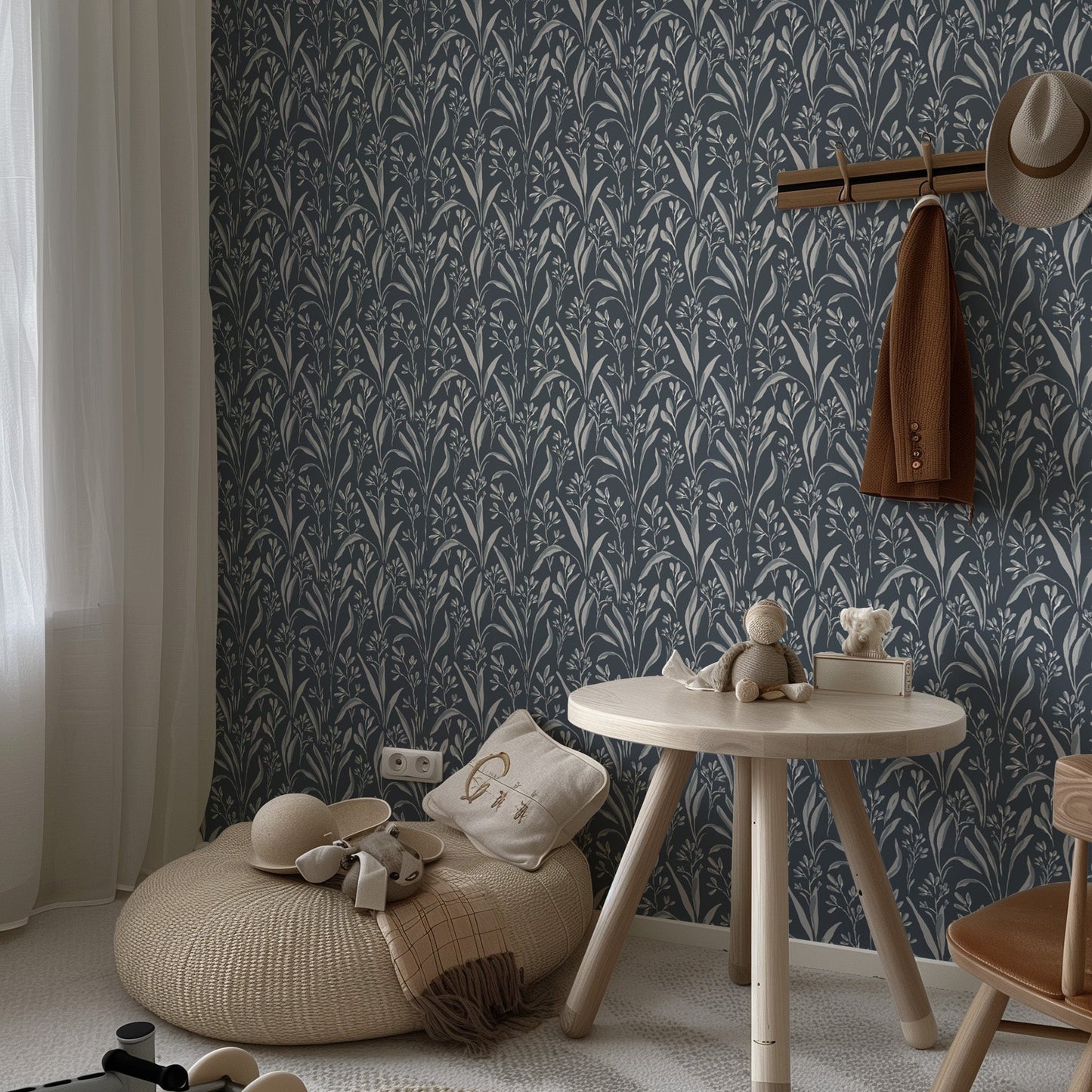 Vintage Grass Wallpaper in Navy Blue shown in a bedroom