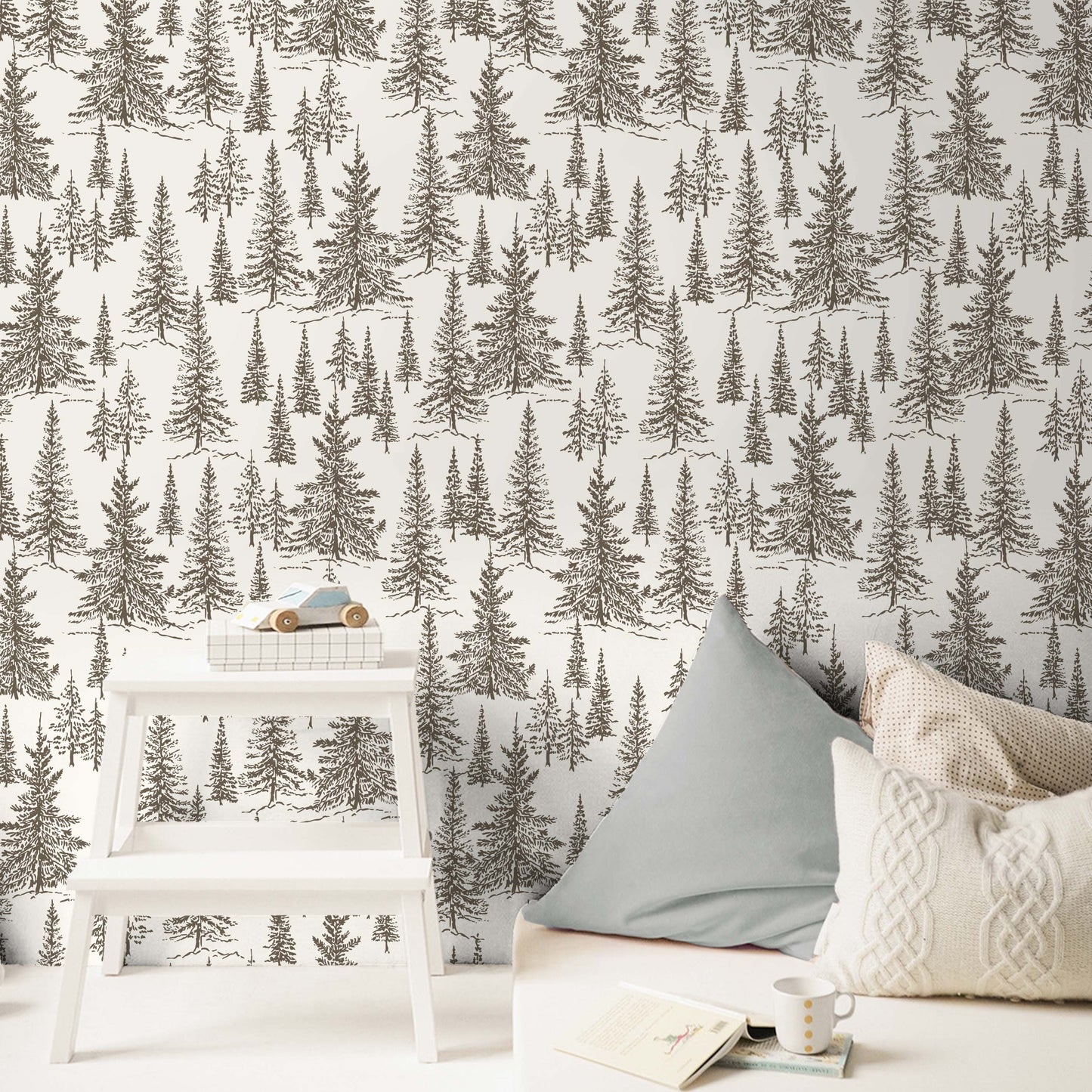 Winter Pines Wallpaper in Cub Brown shown in a bedroom