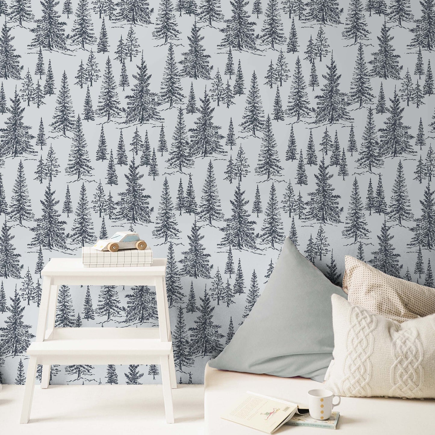 Winter Pines Wallpaper in Hale Navy shown in a bedroom
