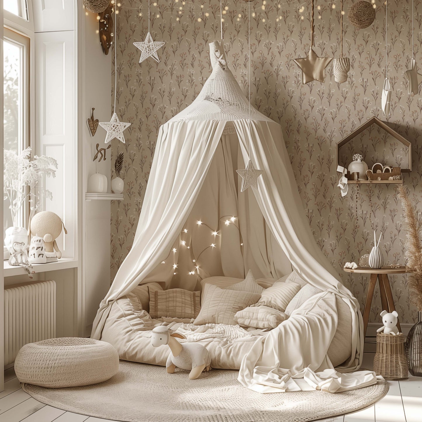 Cottage Garden Wallpaper in Tan shown in a nursery