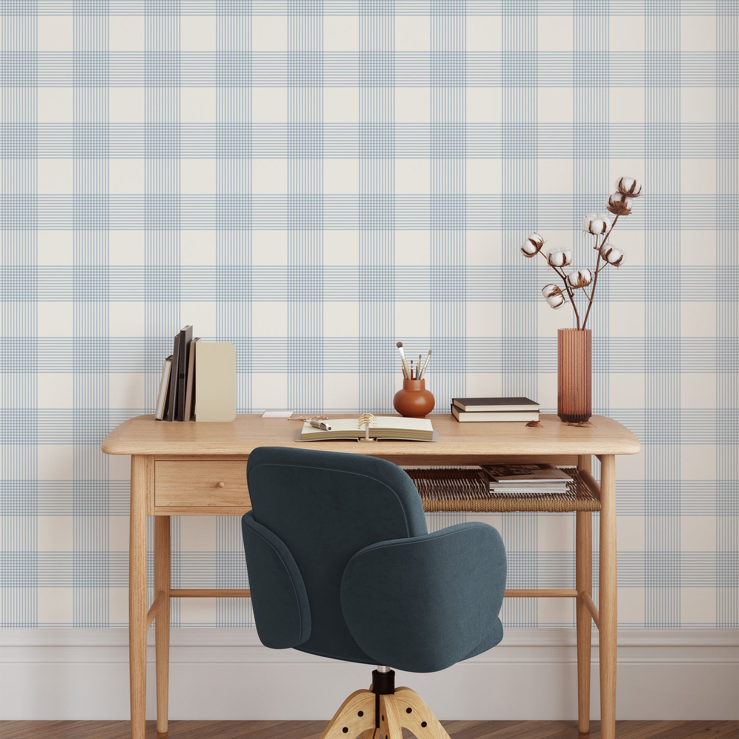 Vintage Gingham Wallpaper in Light Blue shown in an office