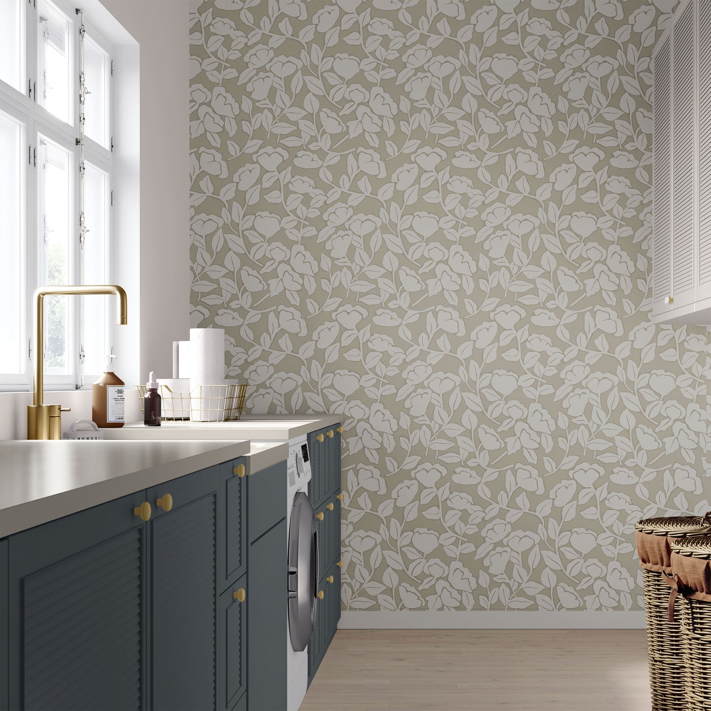 Brookline wallpaper with vines and big florals shown in full size image.