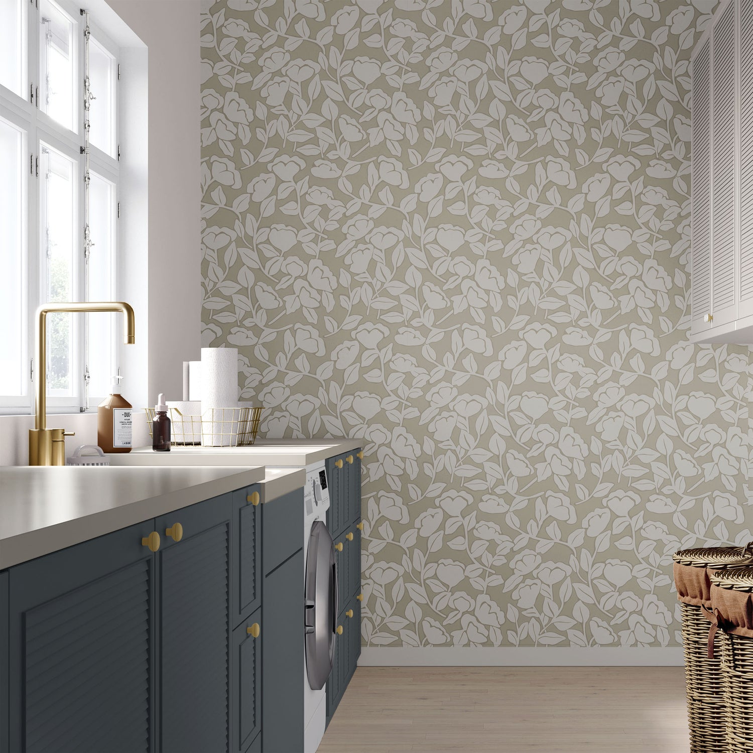 Brookline wallpaper with vines and big florals shown in full size image.