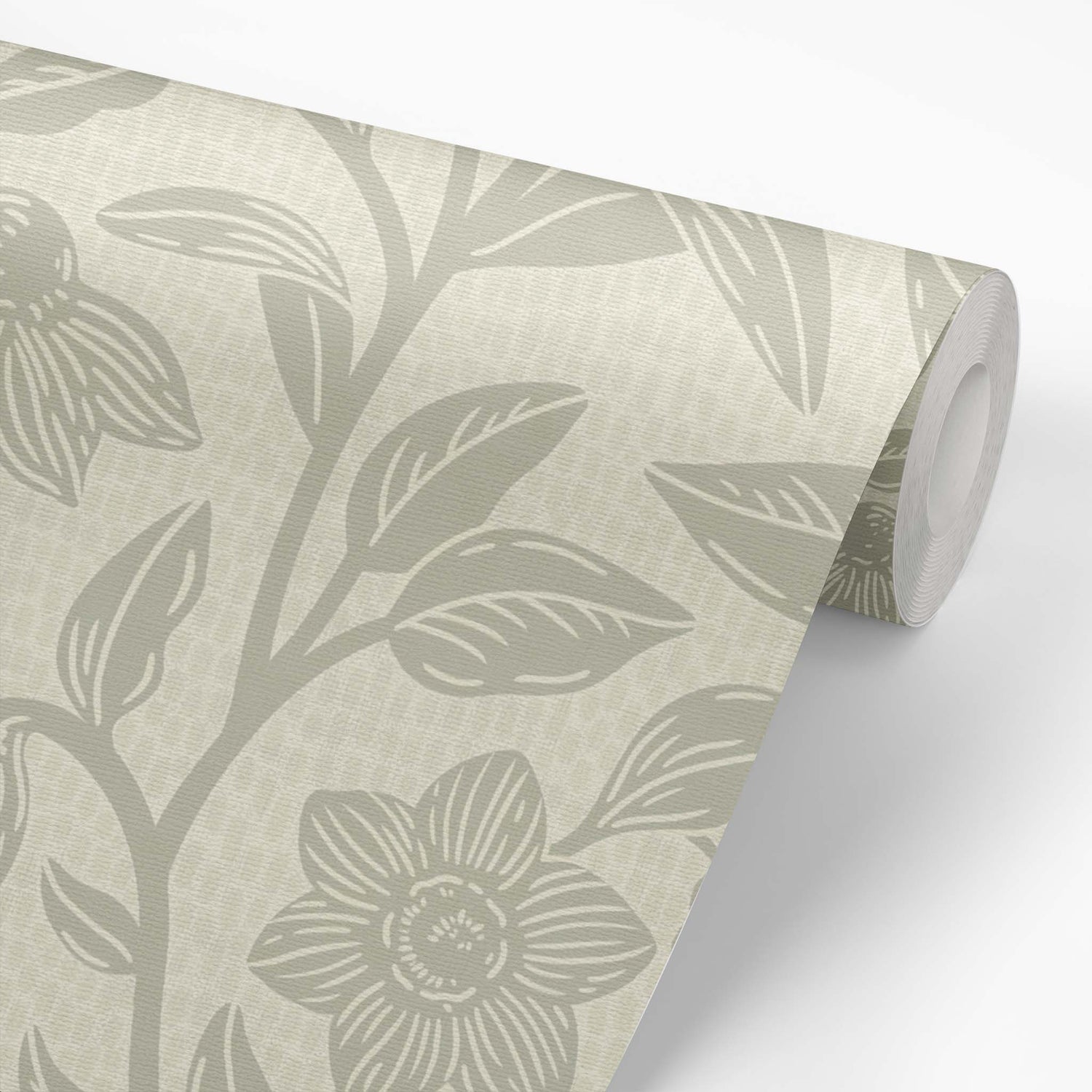 Block Printed Floral Vines Wallpaper in Sage on a roll of wallpaper