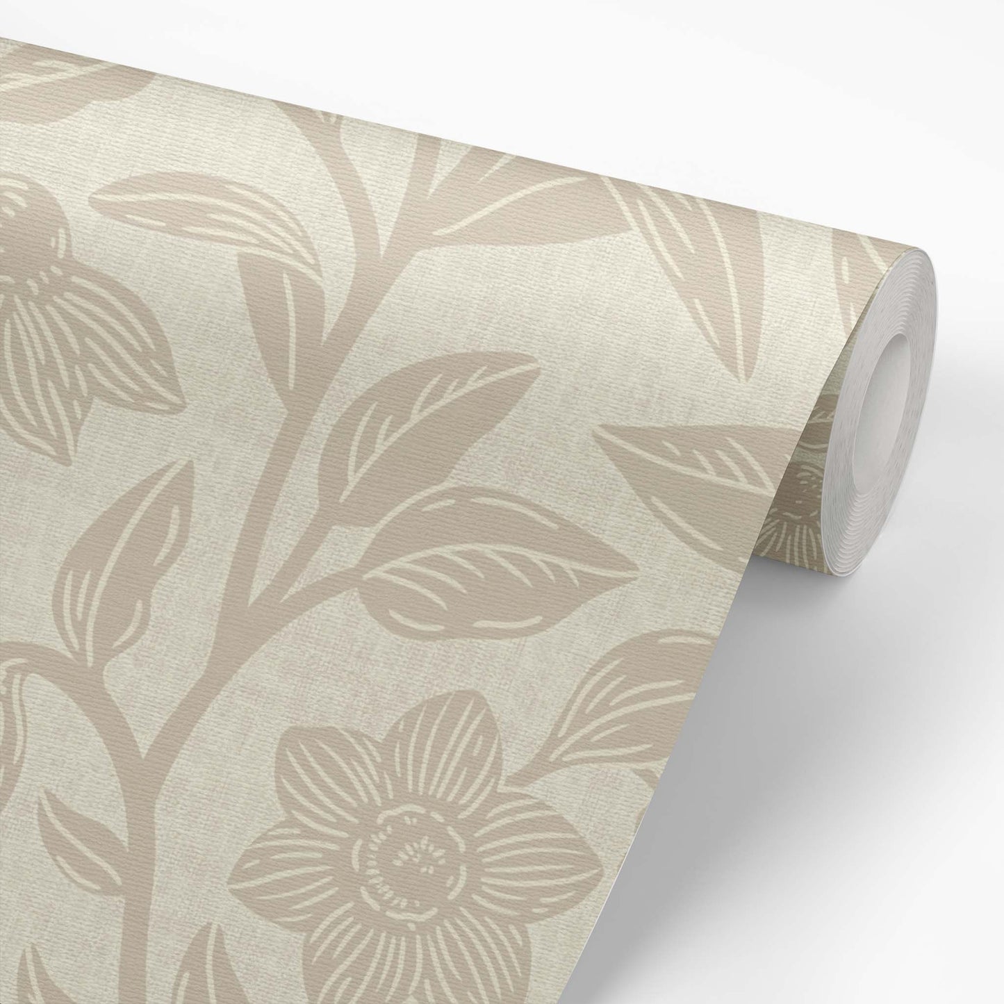 Block Printed Floral Vines Wallpaper in Beige shown on a roll of wallpaper