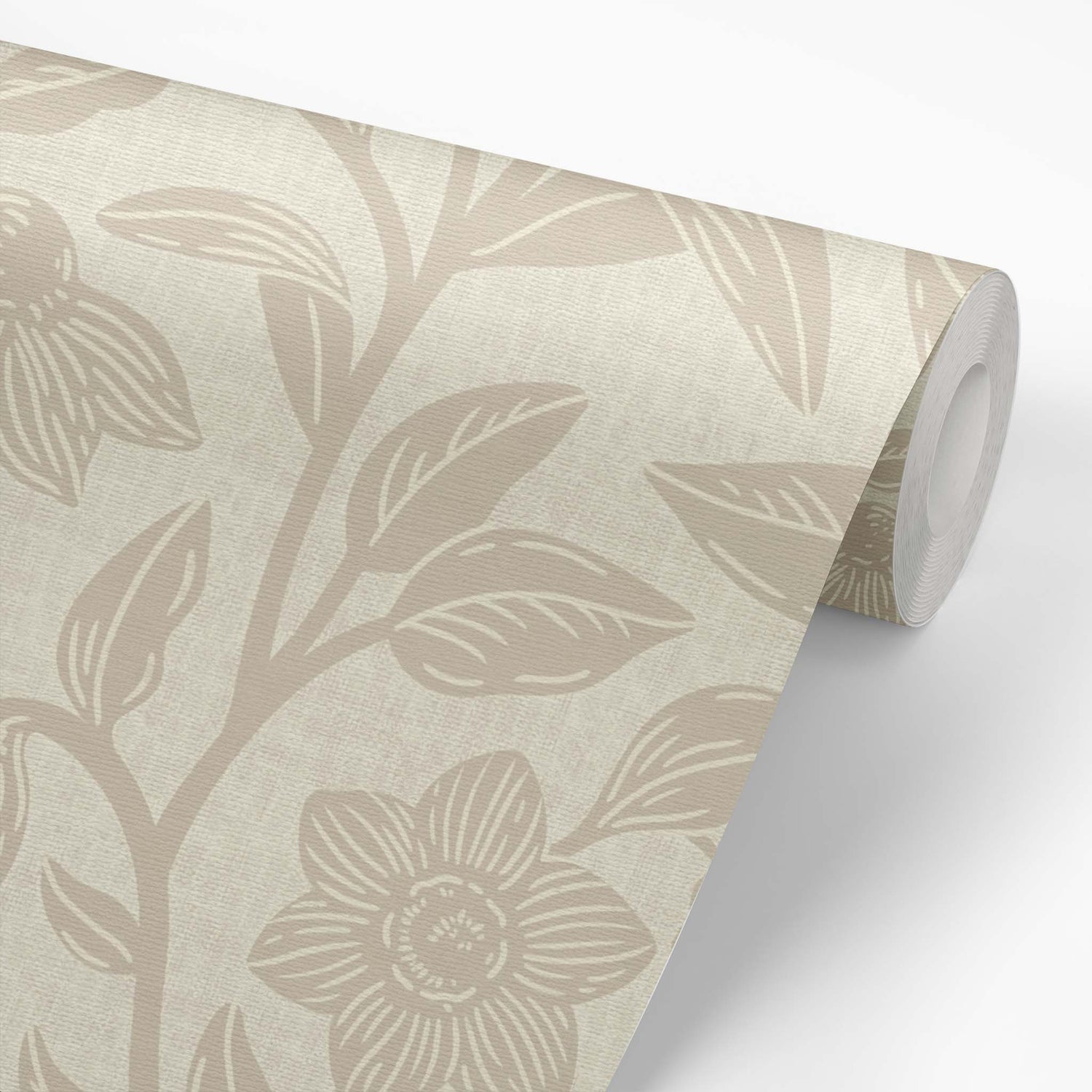 Block Printed Floral Vines Wallpaper in Beige shown on a roll of wallpaper