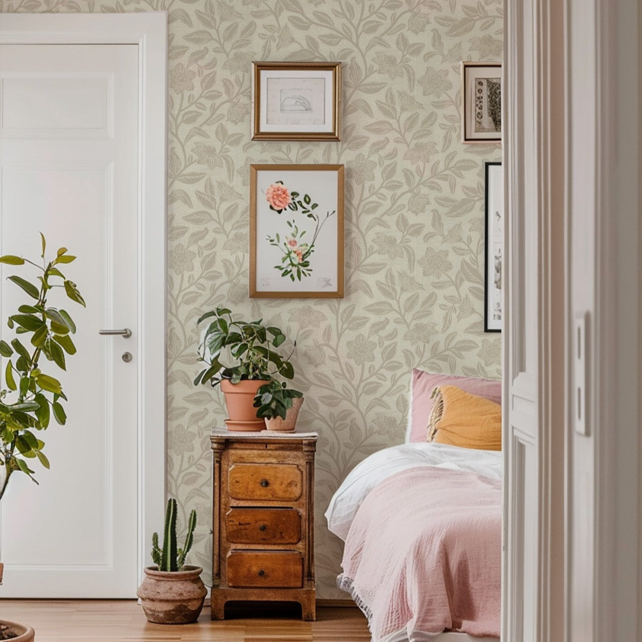 Block Printed Floral Vines Wallpaper in Beige shown in a bedroom