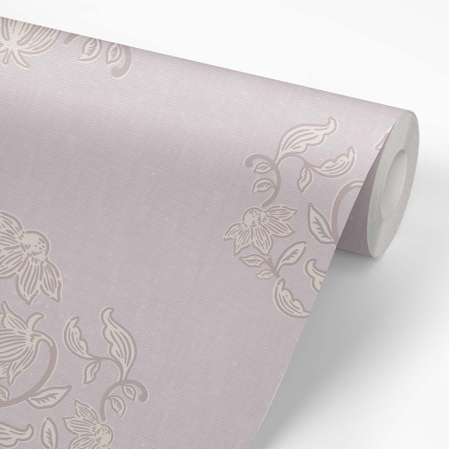 Blooming Block Print Wallpaper in Rose shown on a wallpaper roll.