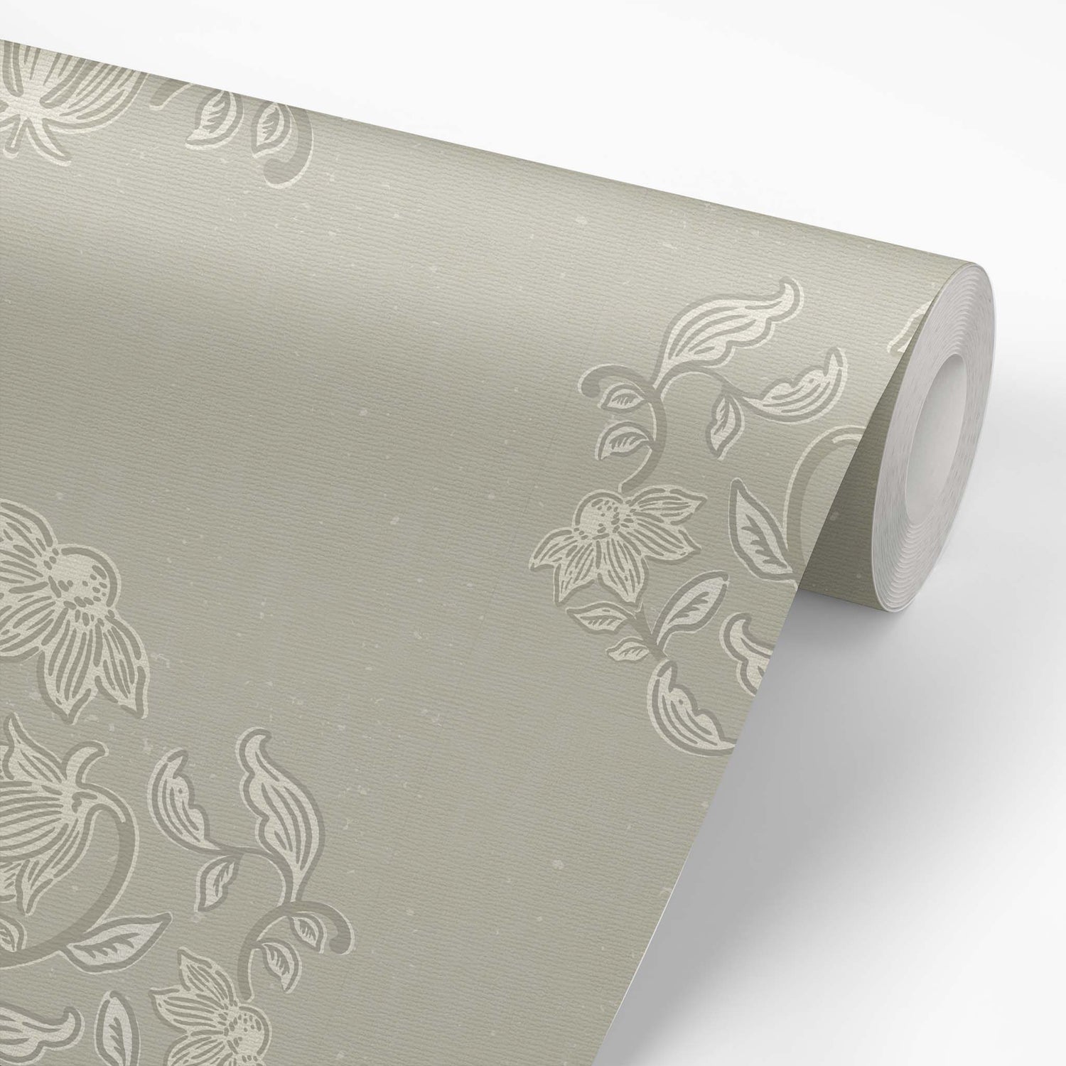 Blooming Block Print Wallpaper in Dry Sage shown on a wallpaper roll.