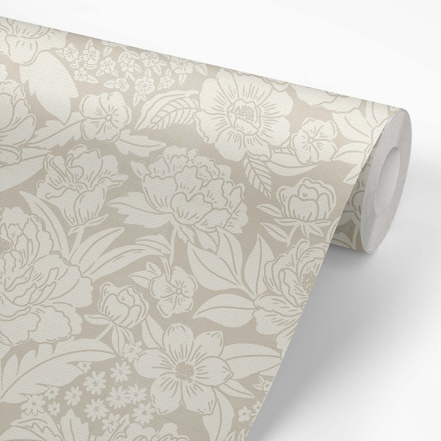 Blooming Wallpaper in Beige shown on a roll of wallpaper