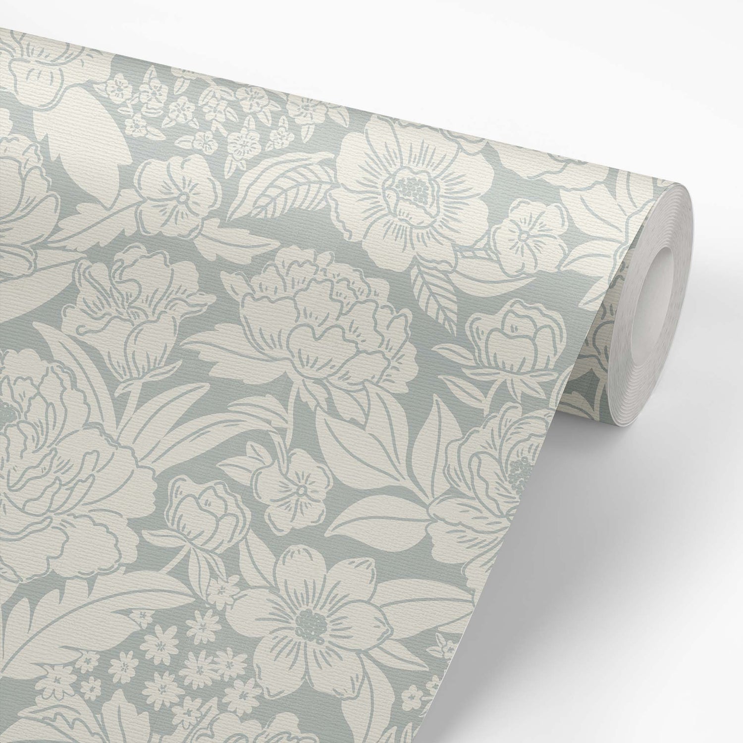 Blooming Wallpaper in Cloudy Blue on a roll of wallpaper