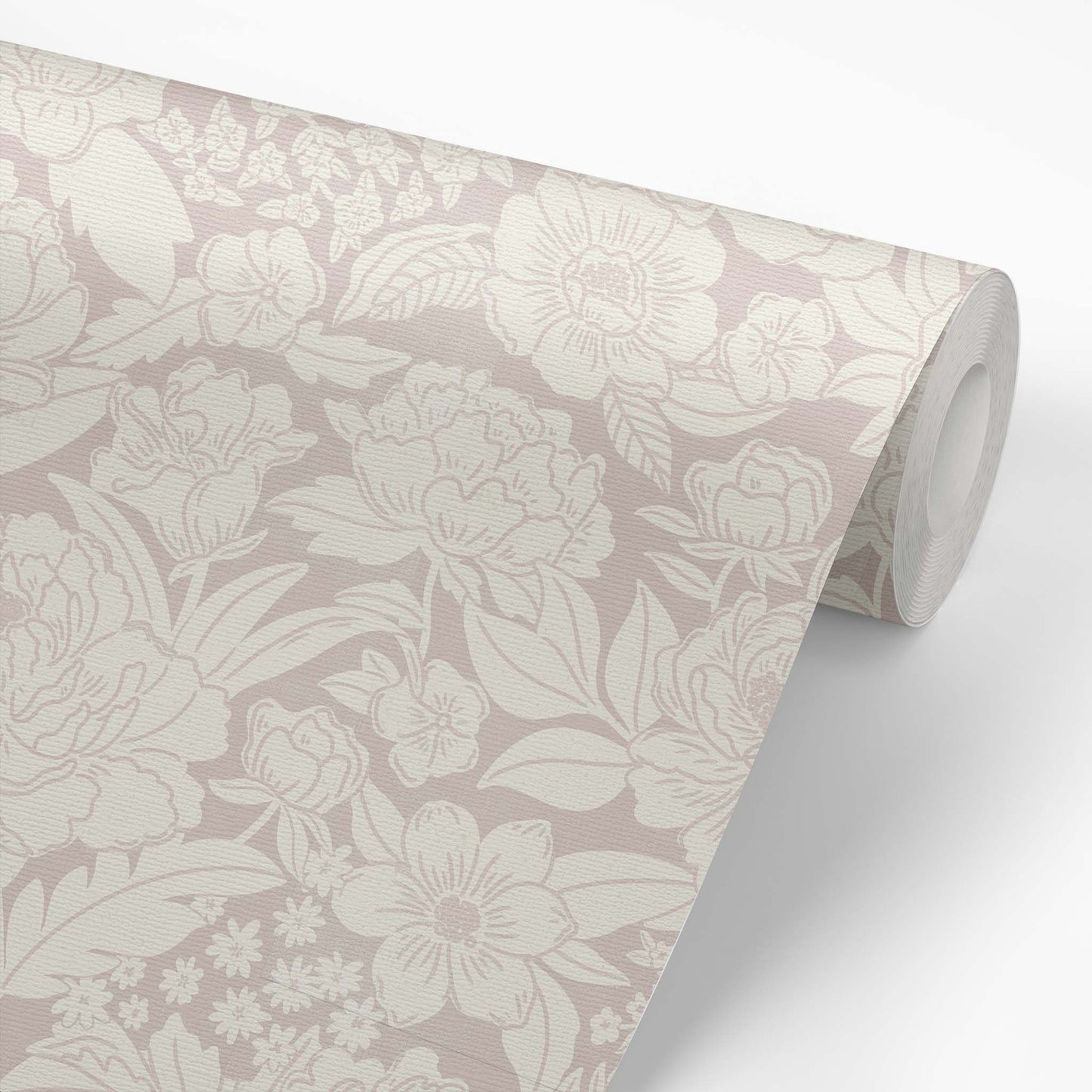 Blooming Wallpaper in Rose shown on a roll of wallpaper