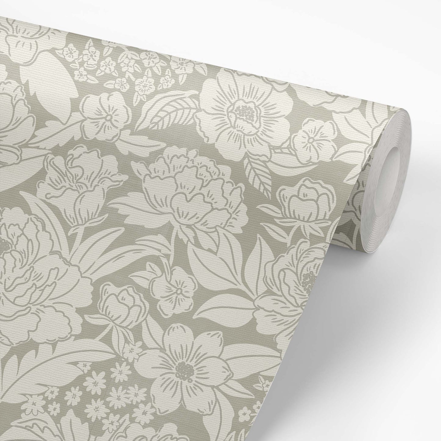 Blooming Wallpaper in Sage on a roll of wallpaper
