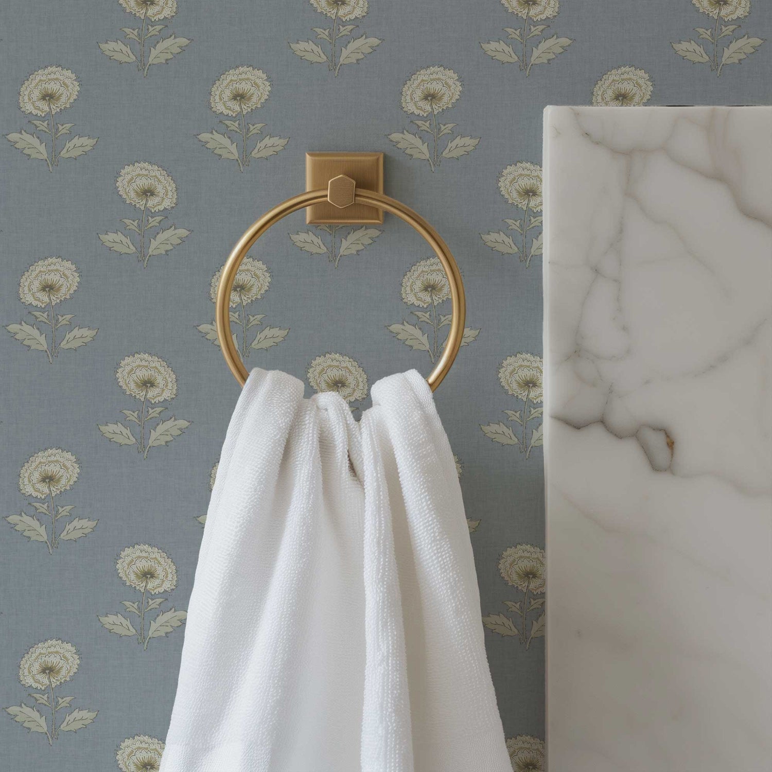 Boho Peony Wallpaper in Coastline Blue shown in a bathroom
