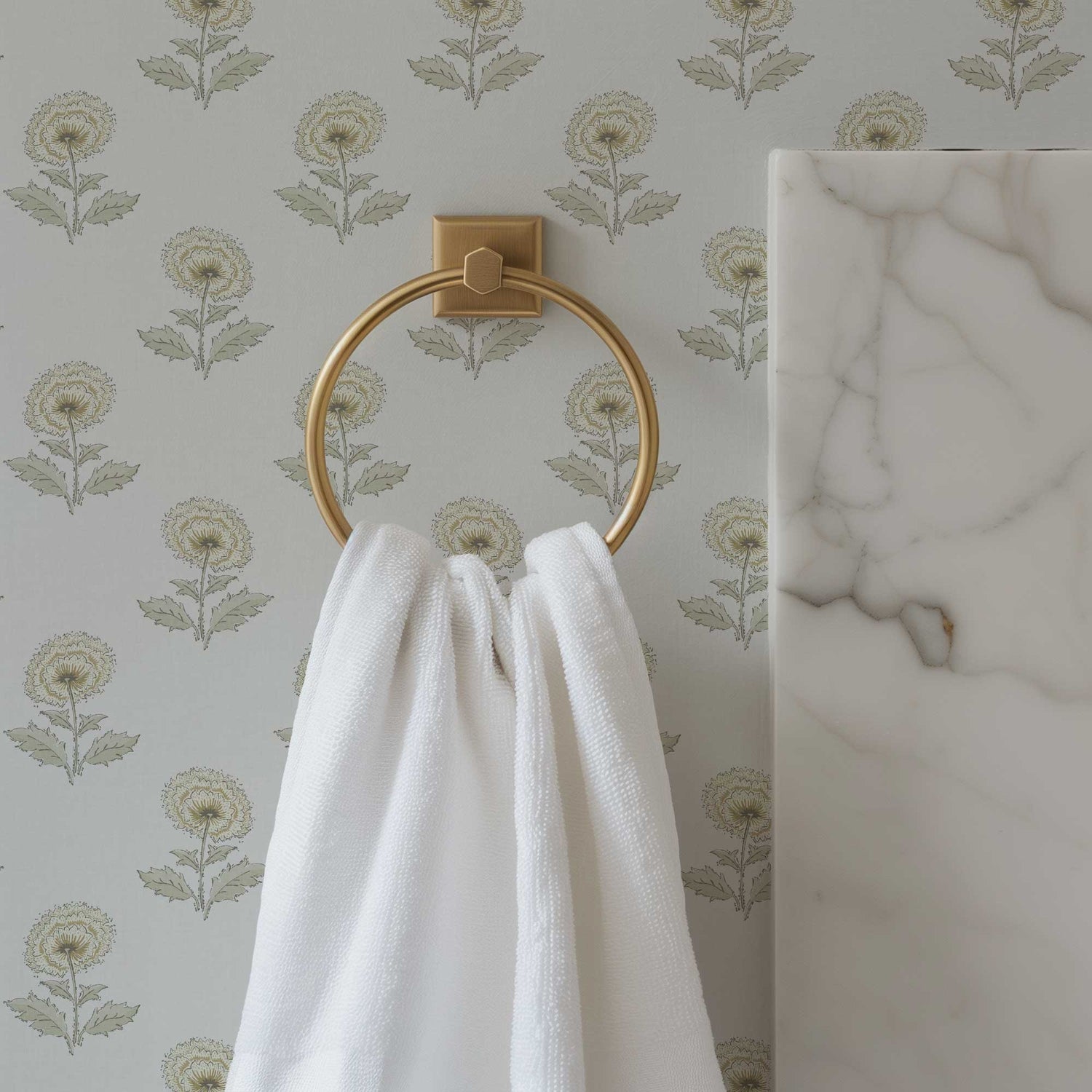 Boho Peony Wallpaper in Light Gray shown in a bathroom.