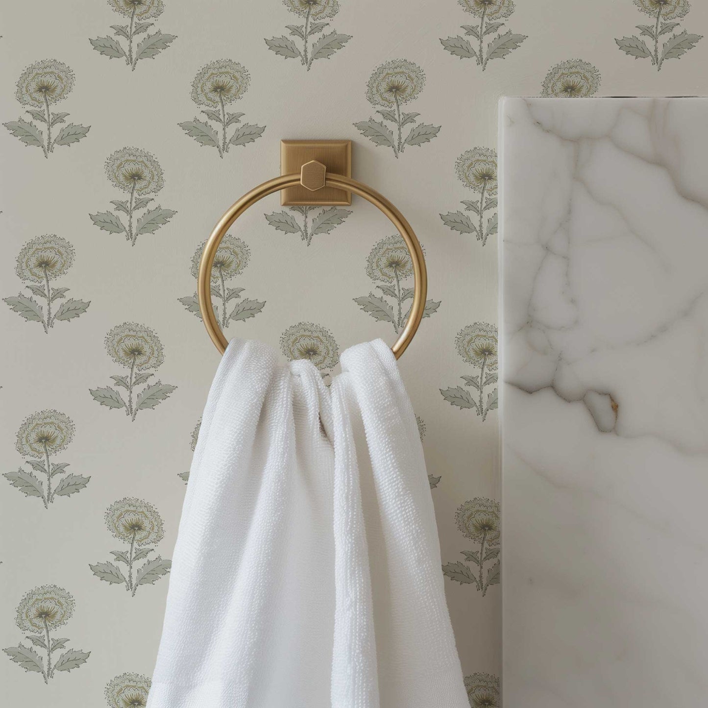 Boho Peony Wallpaper in Cream shown in a bathroom.