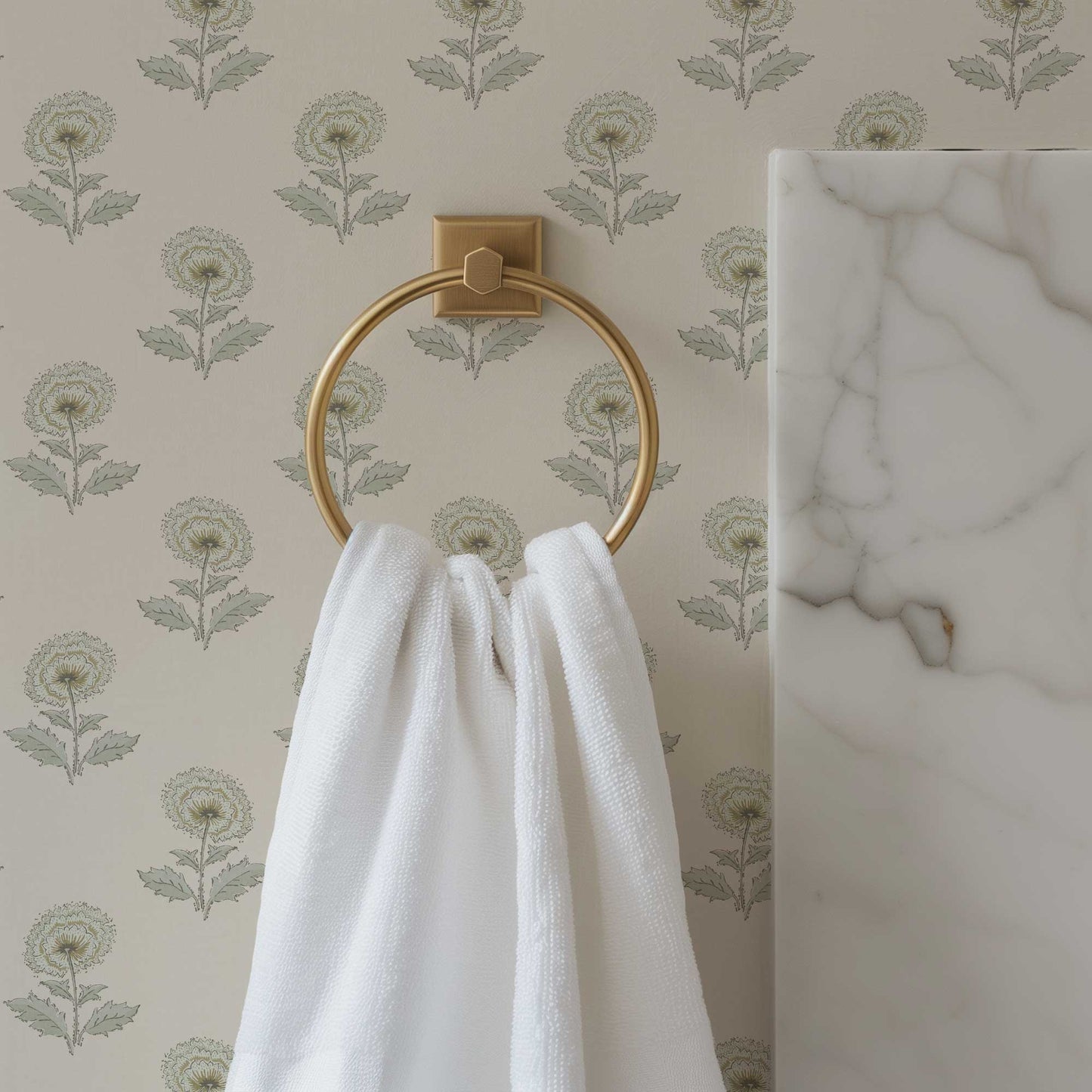 Boho Peony Wallpaper in Linen shown in a bathroom