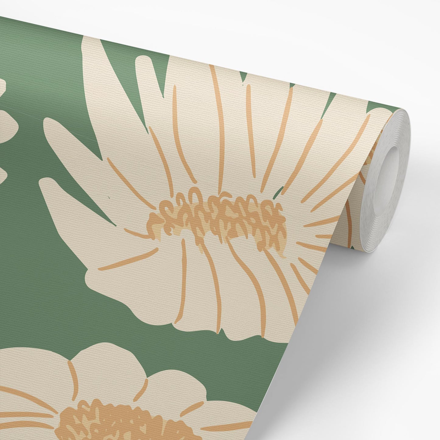 Sample roll of Daisies Wallpaper in Green by artist Brenda Bird