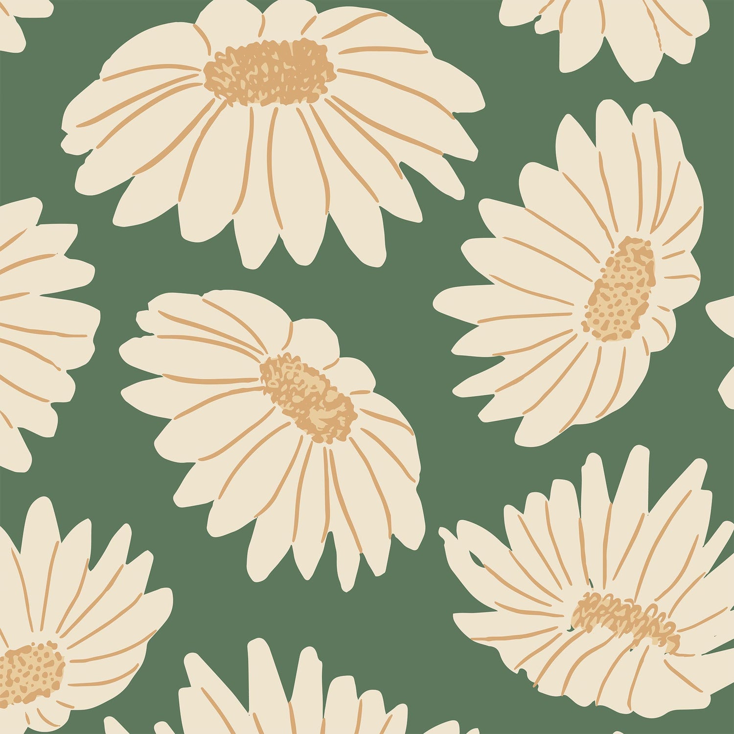 Closeup of Daisies Wallpaper in Green by artist Brenda Bird