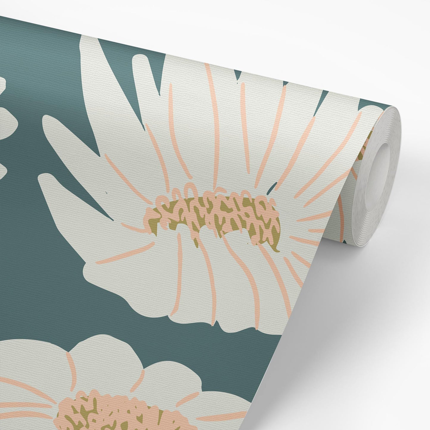 Sample roll of Daisies Wallpaper in Forest Green by artist Brenda Bird