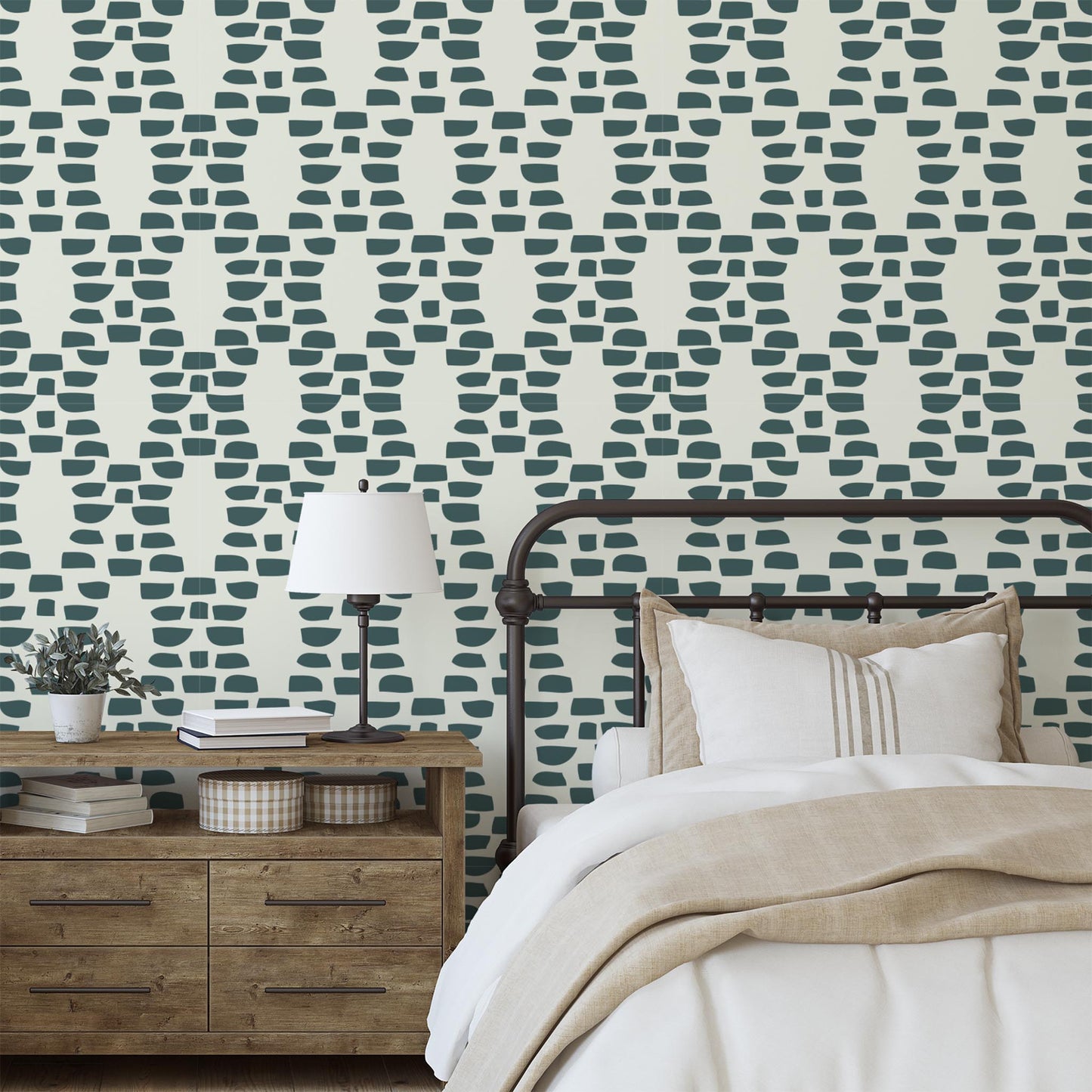 Bedroom preview of Incan Trellis Wallpaper in Green by artist Brenda Bird