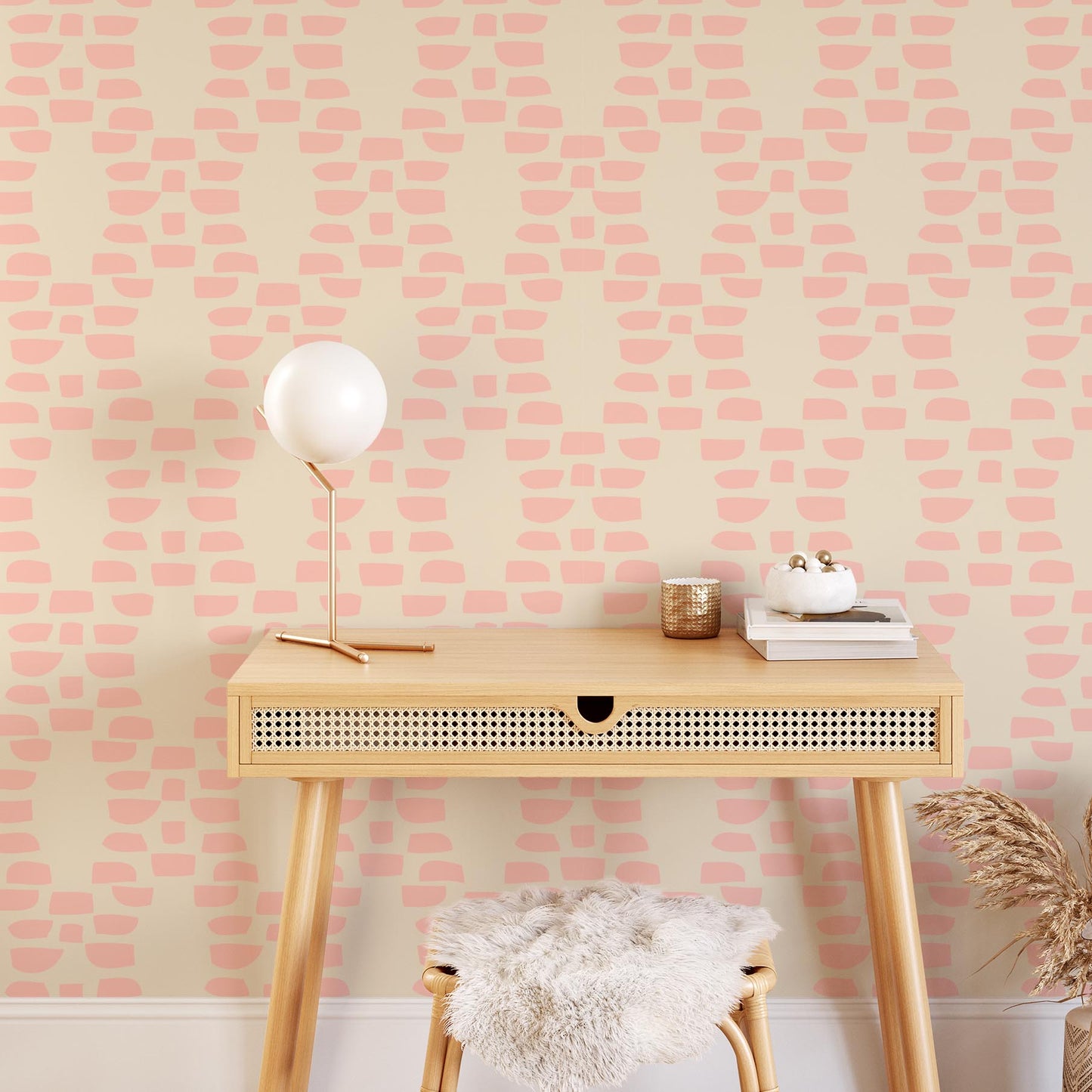 Bedroom preview of Incan Trellis Wallpaper in Pink by artist Brenda Bird