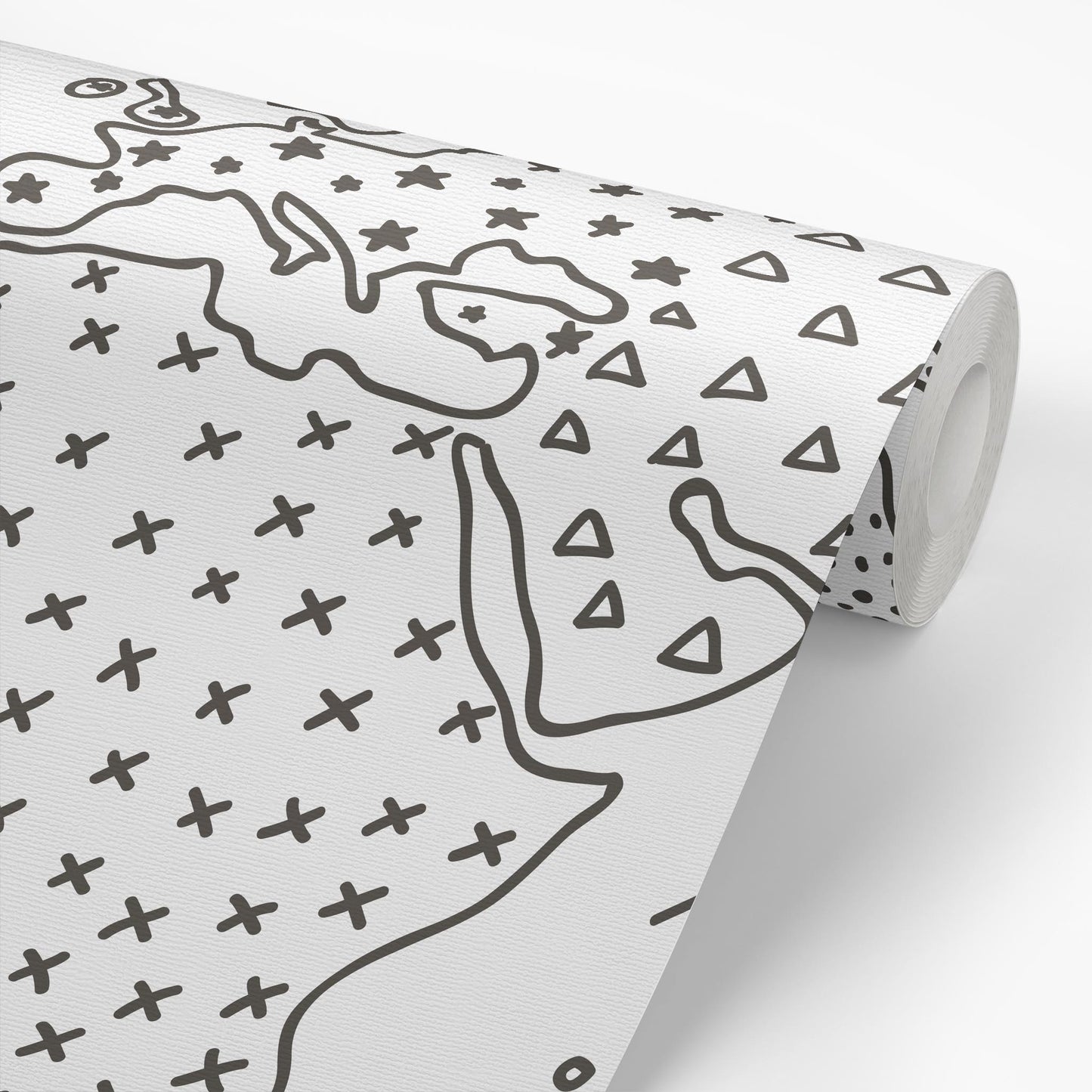 Sample roll of Modern Map Wallpaper in Charcoal by artist Brenda Bird