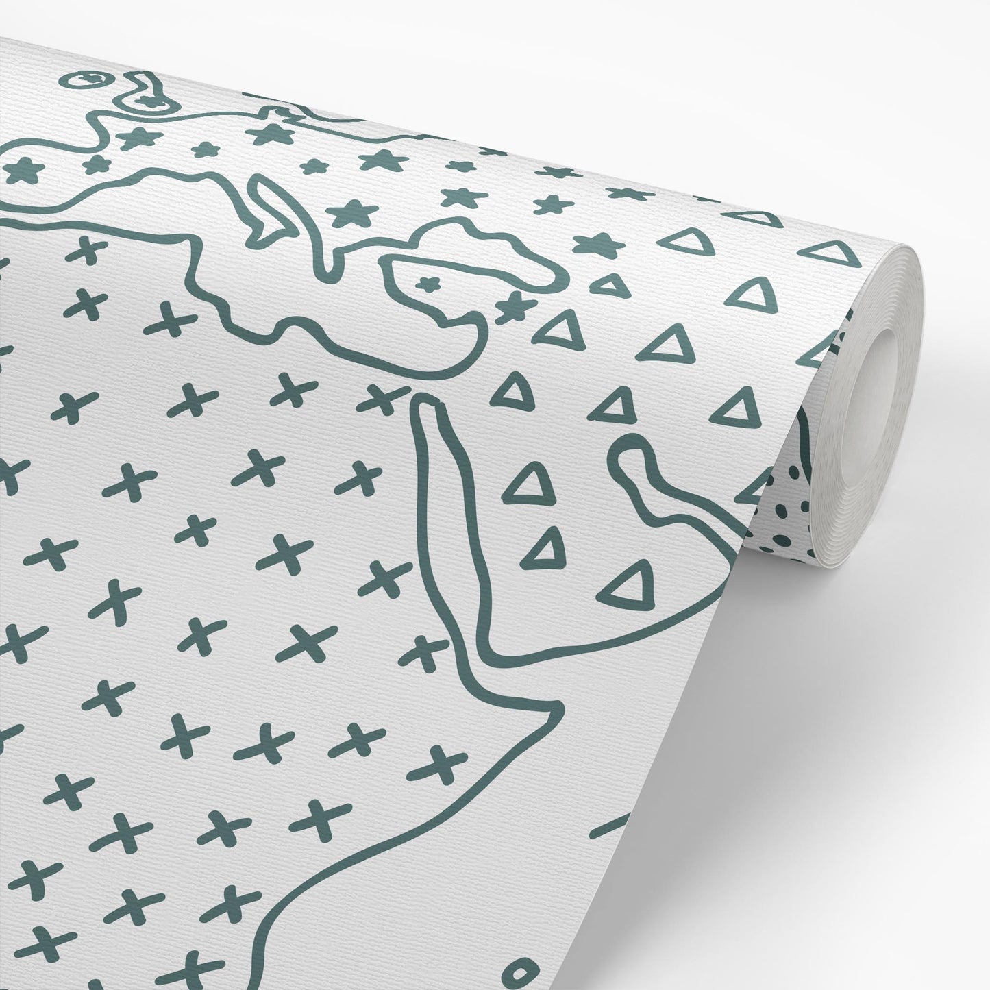 Sample roll of Modern Map Wallpaper in Dark Teal by artist Brenda Bird