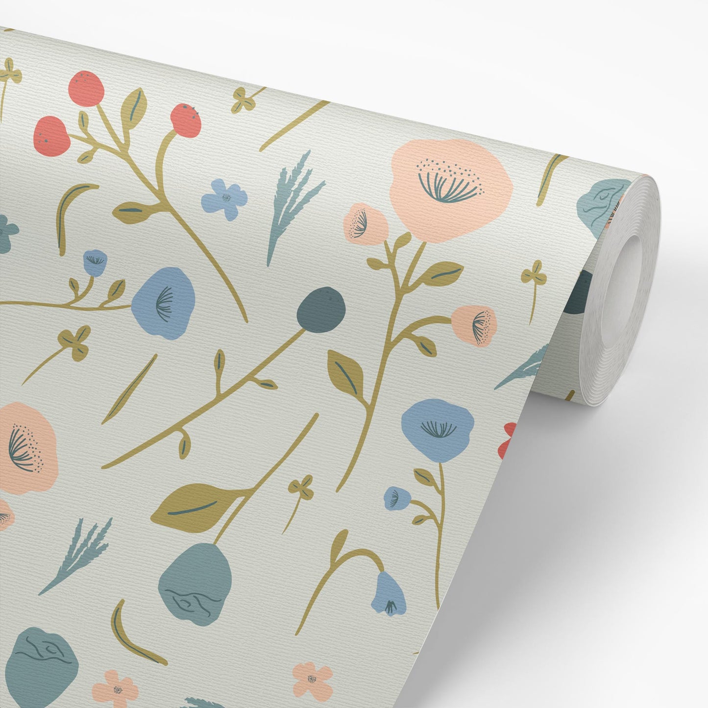 Sample roll of Floral Confetti Wallpaper in Blue by artist Brenda Bird