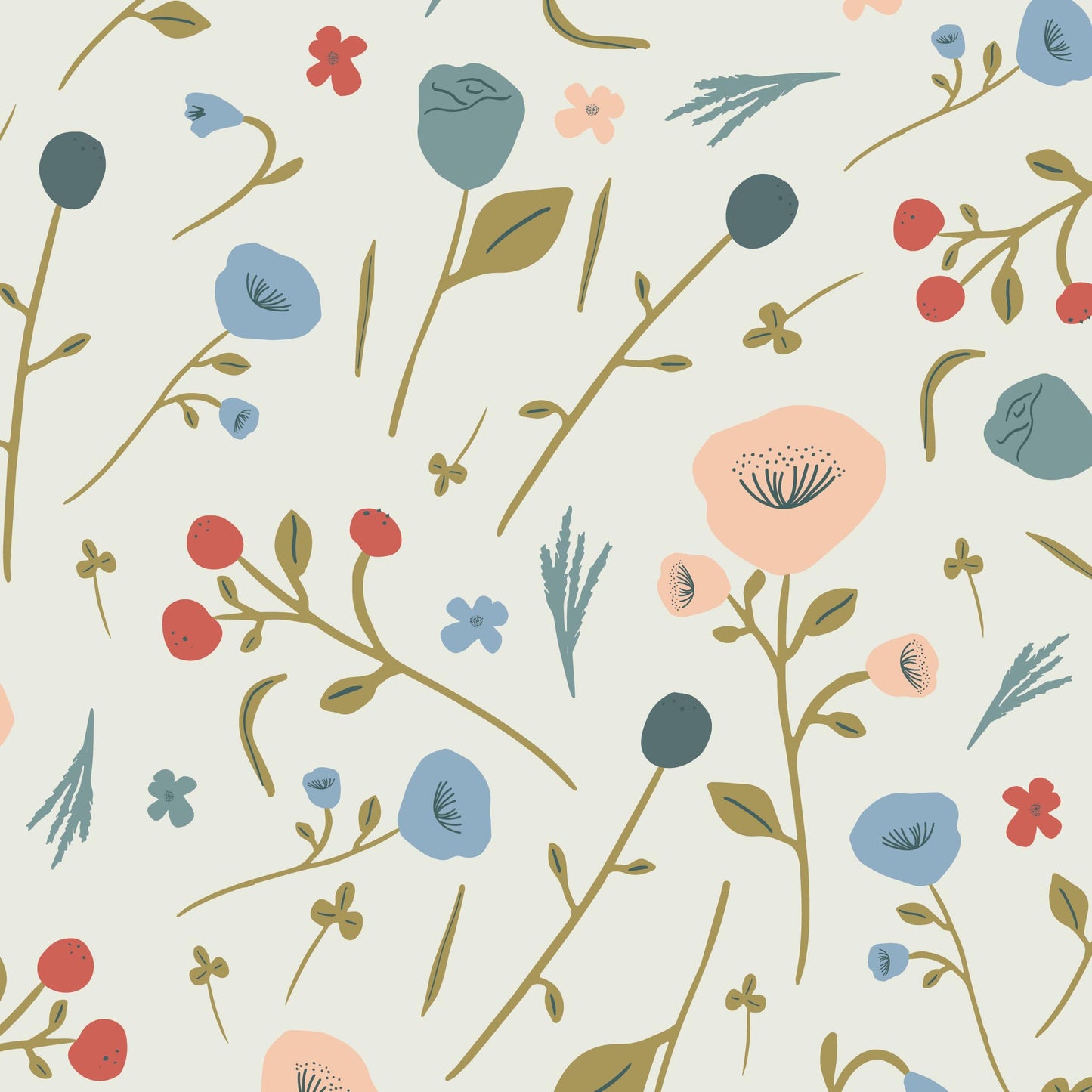 Closeup view of Floral Confetti Wallpaper in Blue by artist Brenda Bird