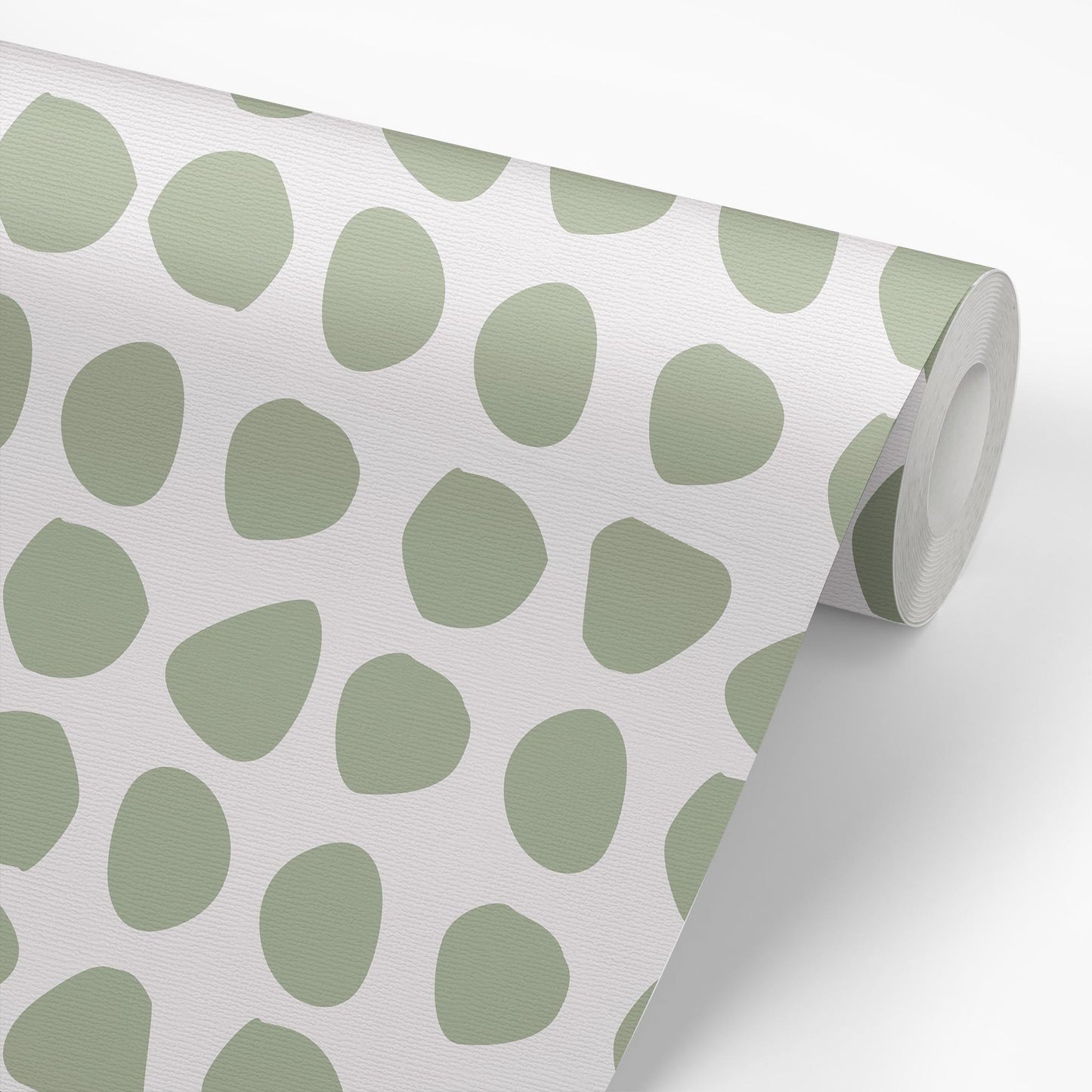 Sample roll of Organic Dots Wallpaper in Sage Green by artist Brenda Bird