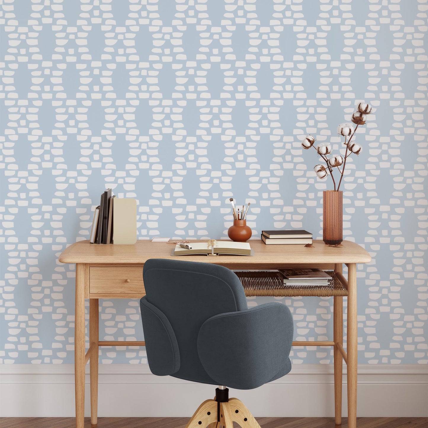 Office preview of Incan Trellis Wallpaper in Dusty Blue by artist Brenda Bird