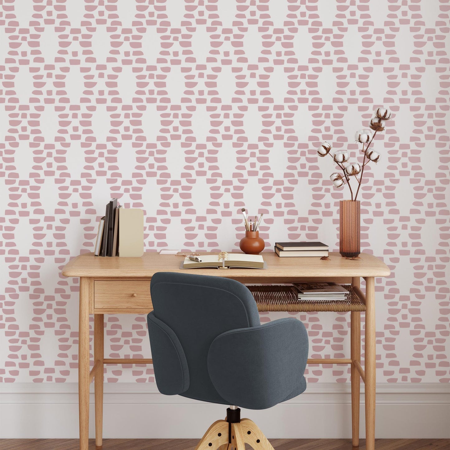 Office preview of Incan Trellis Wallpaper in Dusty Rose by artist Brenda Bird