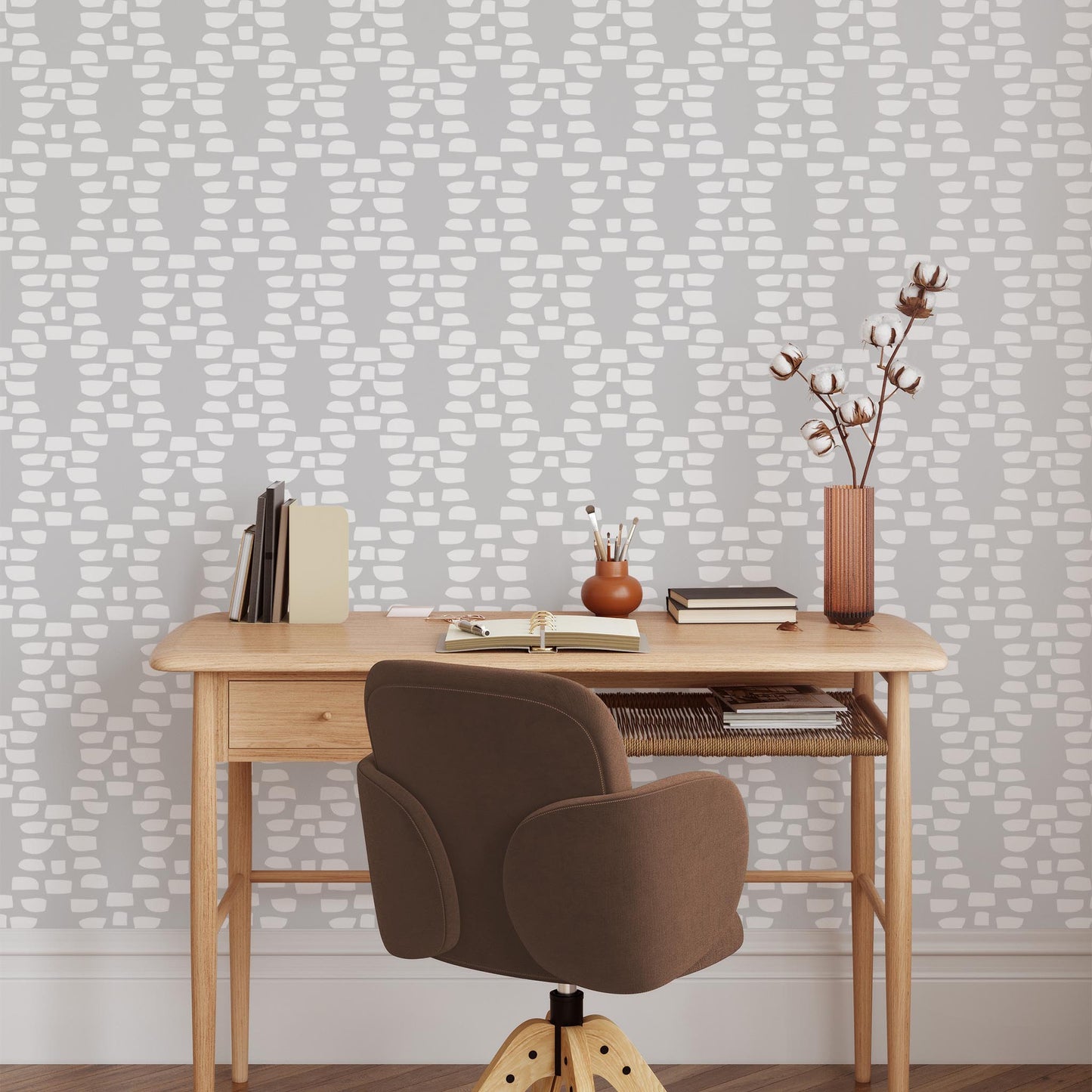 Office preview of Incan Trellis Wallpaper in Gray by artist Brenda Bird
