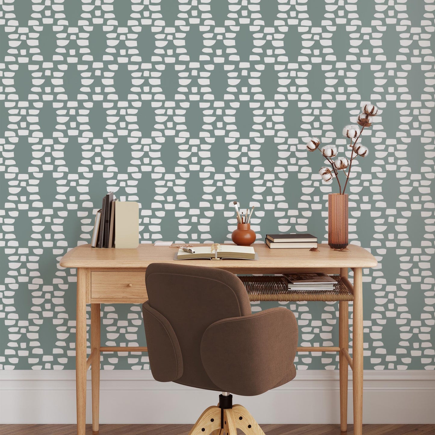 Office preview of Incan Trellis Wallpaper in Sage by artist Brenda Bird
