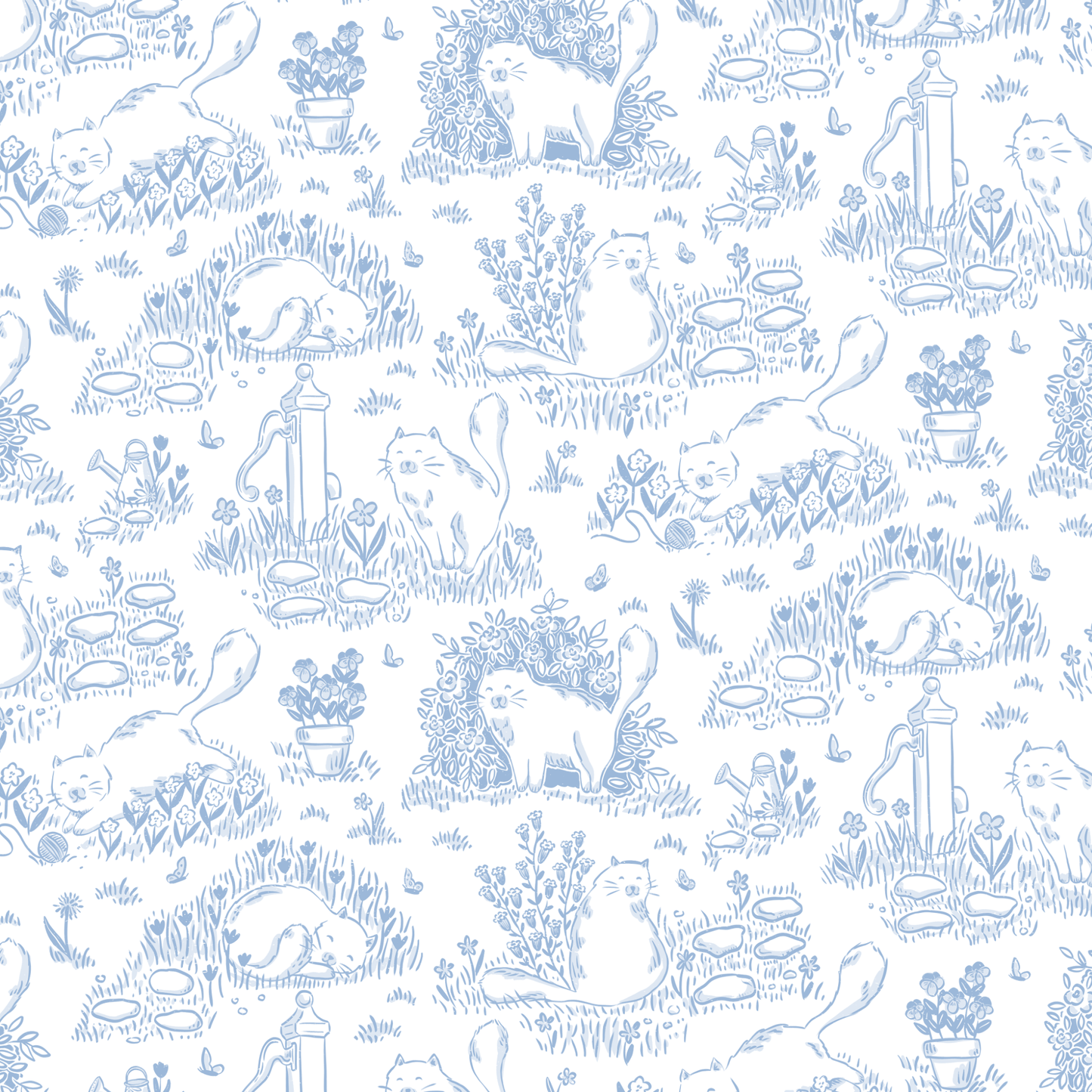 Scenes of a cat in the garden and other areas of nature in blue on a white background