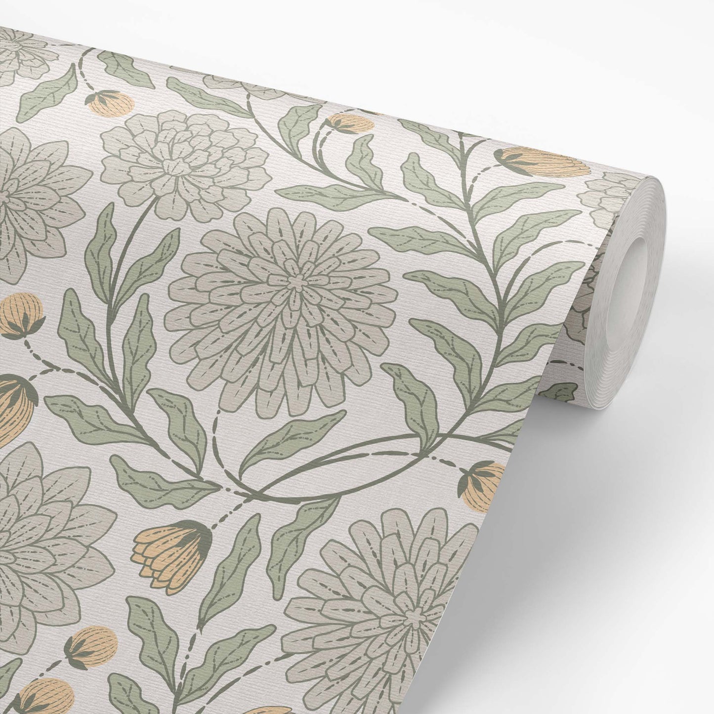 Chrysanthemum Garden Wallpaper in Ivory shown on a wallpaper roll.