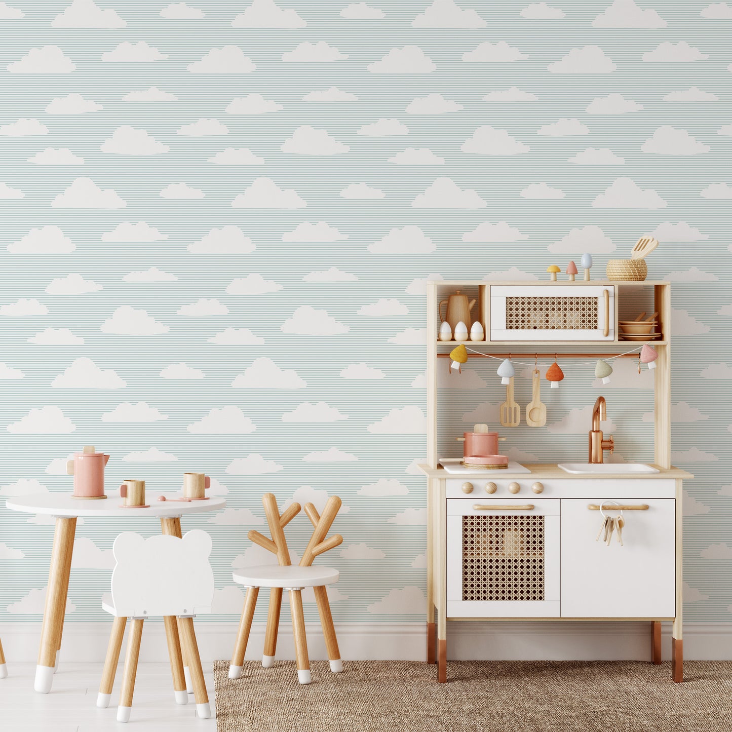 Clouds and Stripes Wallpaper - Blue