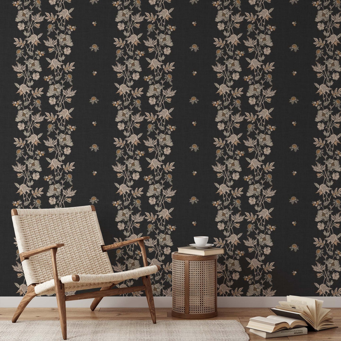 Coral Vines Wallpaper in Ash shown in a living room.