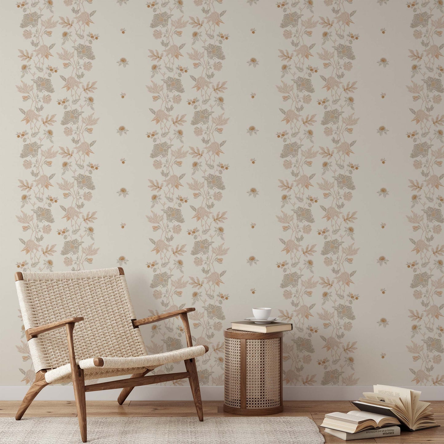 Coral Vines Wallpaper in Cream shown in a living room.