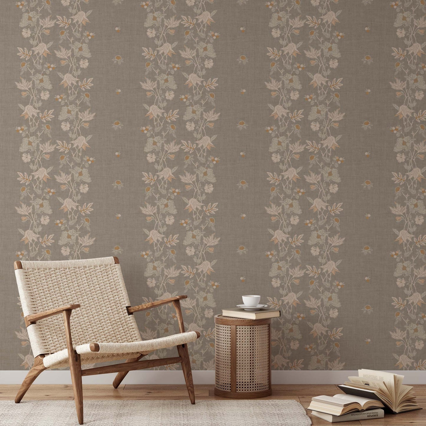 Coral Vines Wallpaper in Khaki shown in a living room