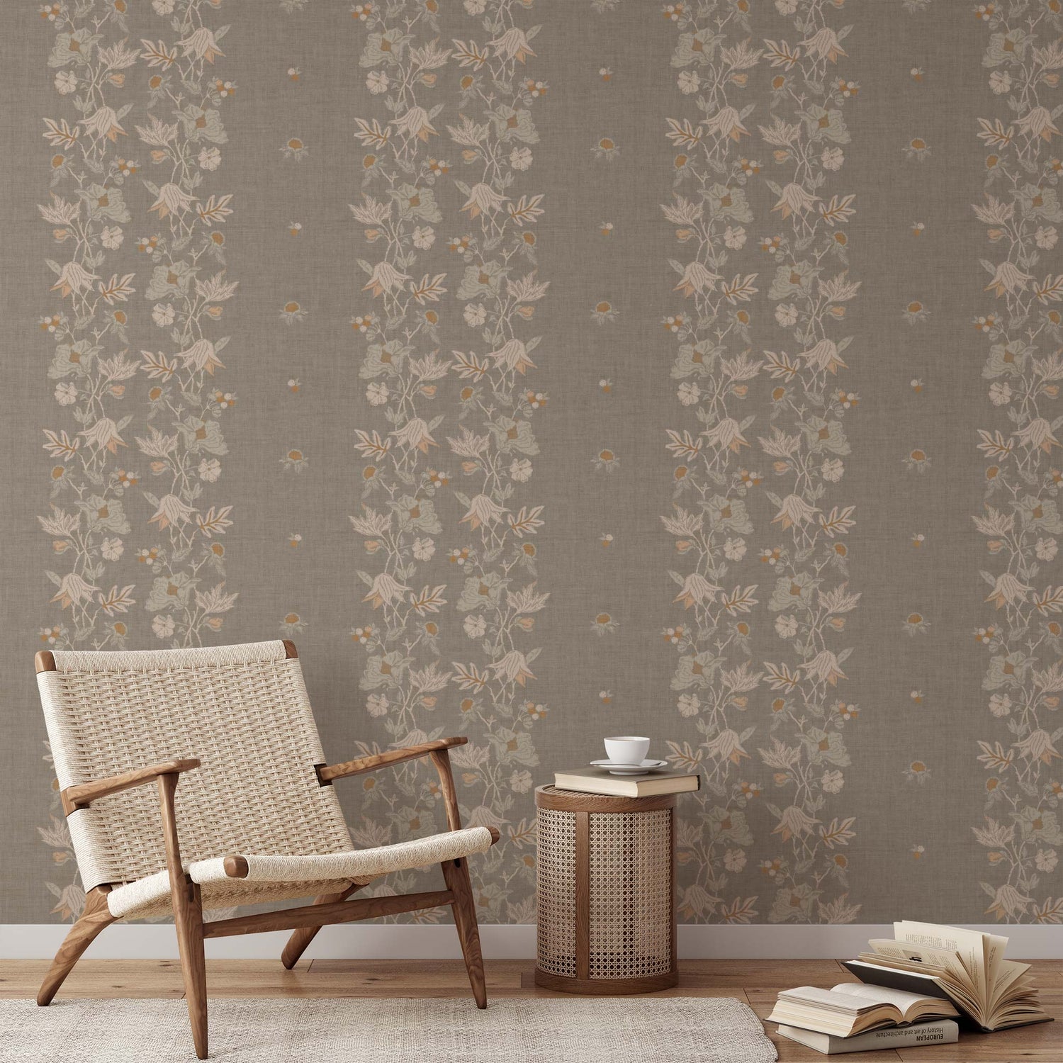 Coral Vines Wallpaper in Khaki shown in a living room
