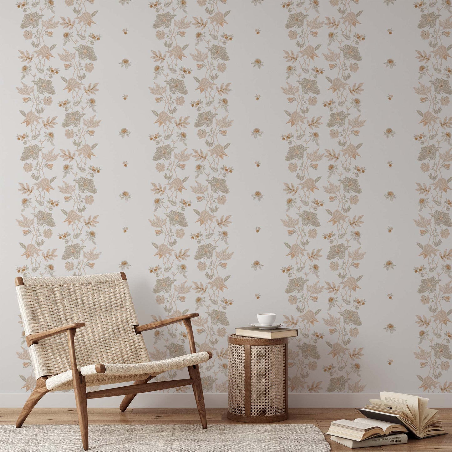 Coral Vines Wallpaper in Neutral shown in a living room