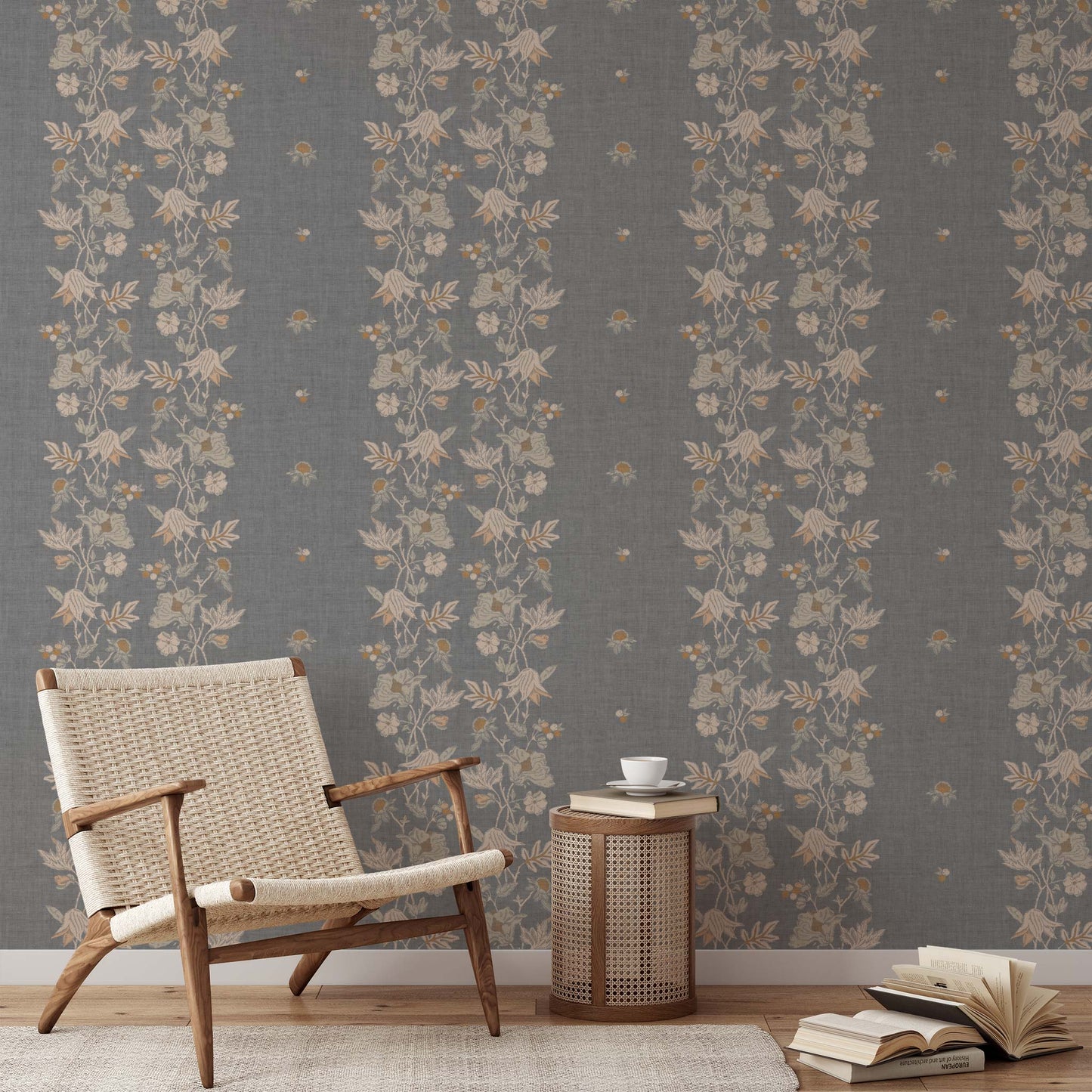 Coral Vines Wallpaper in Gray shown in a living room.