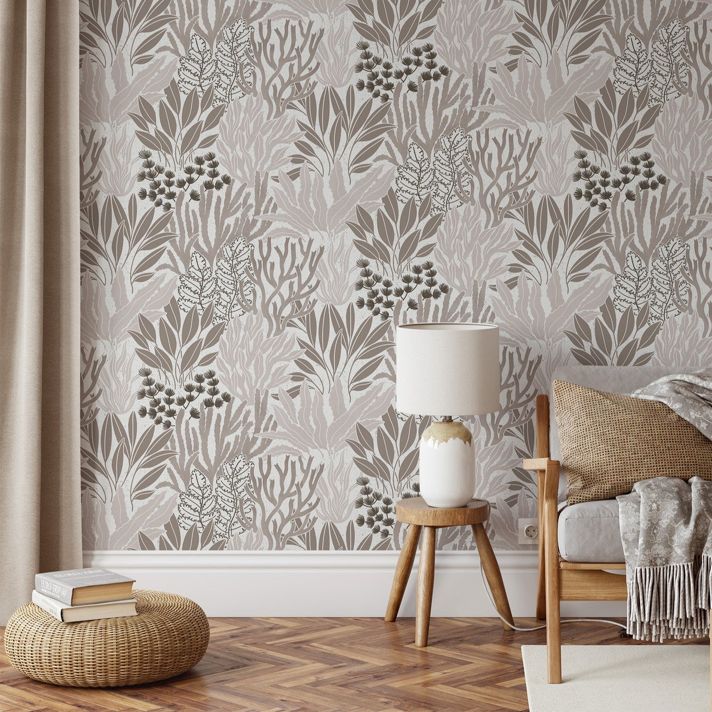 Coral Garden Wallpaper in Beige shown in a living room