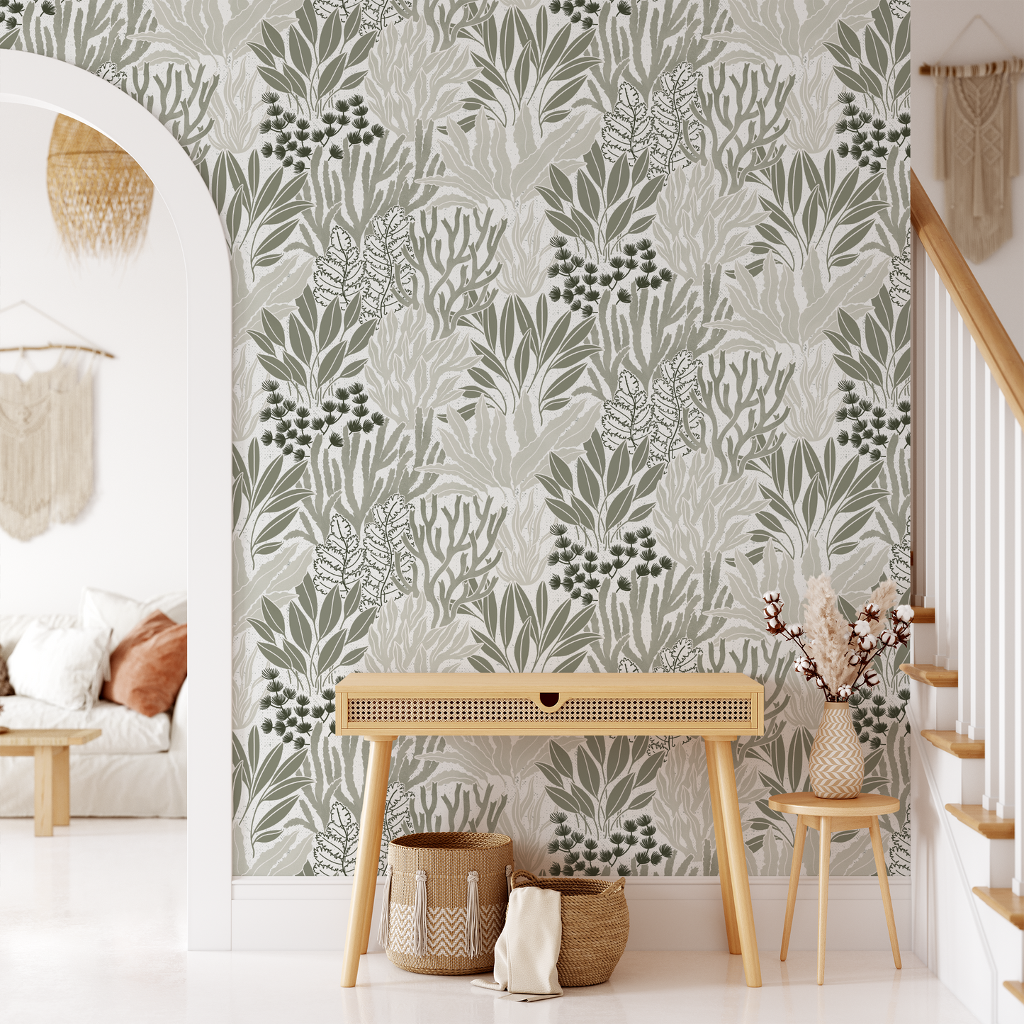 Coral Garden Wallpaper in Sage shown in an entryway